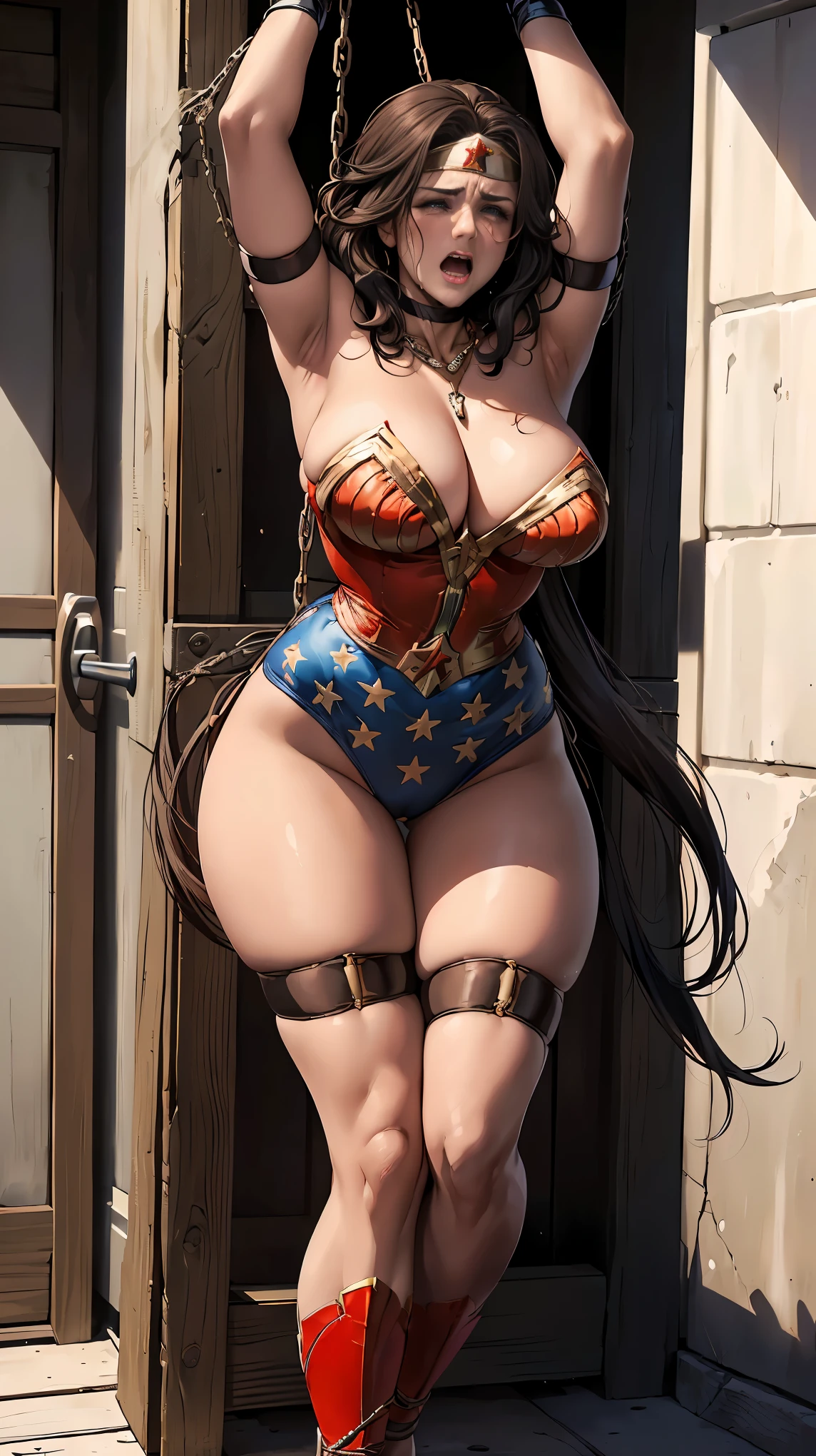 ((Wonderwoman, in the prision break, roupas rasgadas, meias rasgadas)) ,((SUPERHEROINE mulher maravilha IS A FILTHY OLD WHORE)), ((emotional expression,expression of pain and despair, gritando de dor, expression of suffering, olhos arregalados)),(Wonder Woman is on her toes, peesa nas grades da cadeia), (((She's crying a lot, ela tem cabelo preto, ela tem cabelo longo))), ((She wears a thick metal necklace around her neck.)), ((She is barefoot)), (obra-prima, melhor qualidade) 1.5, 1 garota, sozinho, (sexy, mulher bonita, rosto perfeito, olhos perfeitos), corpo inteiro. ((She is wearing starry lace panties)), tears running down your face)), ((WonderWoman in Strappado bondage ,arms tied behind the back, then by use of some method of attachment such as a rope or chain that runs from their wrists to a securing point above, their arms are lifted behind them until the person is forced to bend forward)), ((emotional expression,expression of pain and despair, gritando de dor, expression of suffering, olhos arregalados, expression of fear, corpo se contorcendo de dor)), (((cabelo preto)))