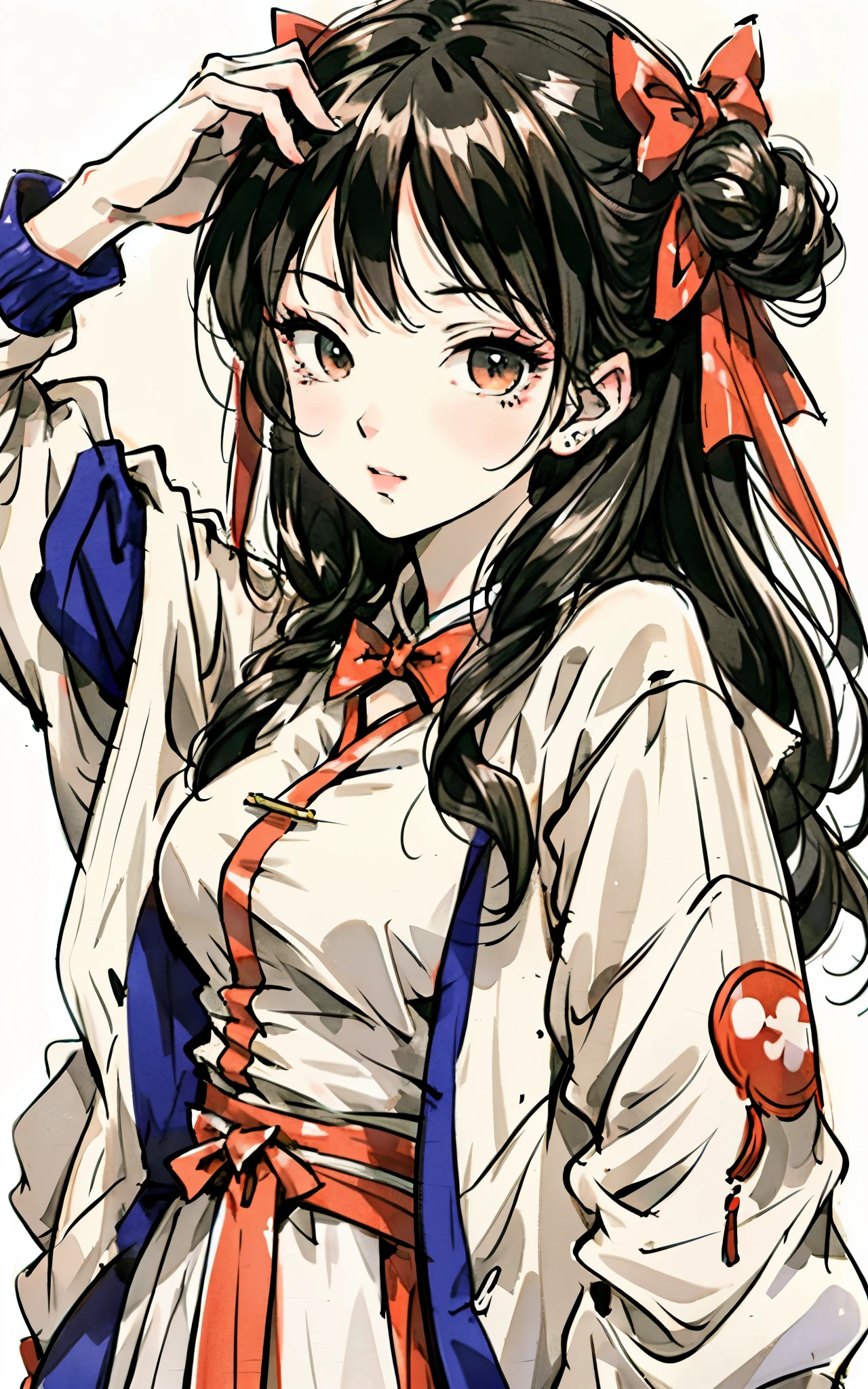 There is a woman with long hair，wearing white jacket，wearing a bow tie, korean girl, Realistic young anime girl, Chinese girl, real life anime girls, anime long hair girl, Baiji haircut hairstyle, Cute and natural anime face, Realistic anime 3D style, beautiful anime girl, Has a cute and delicate face, Beautiful anime portrait, beautiful korean woman