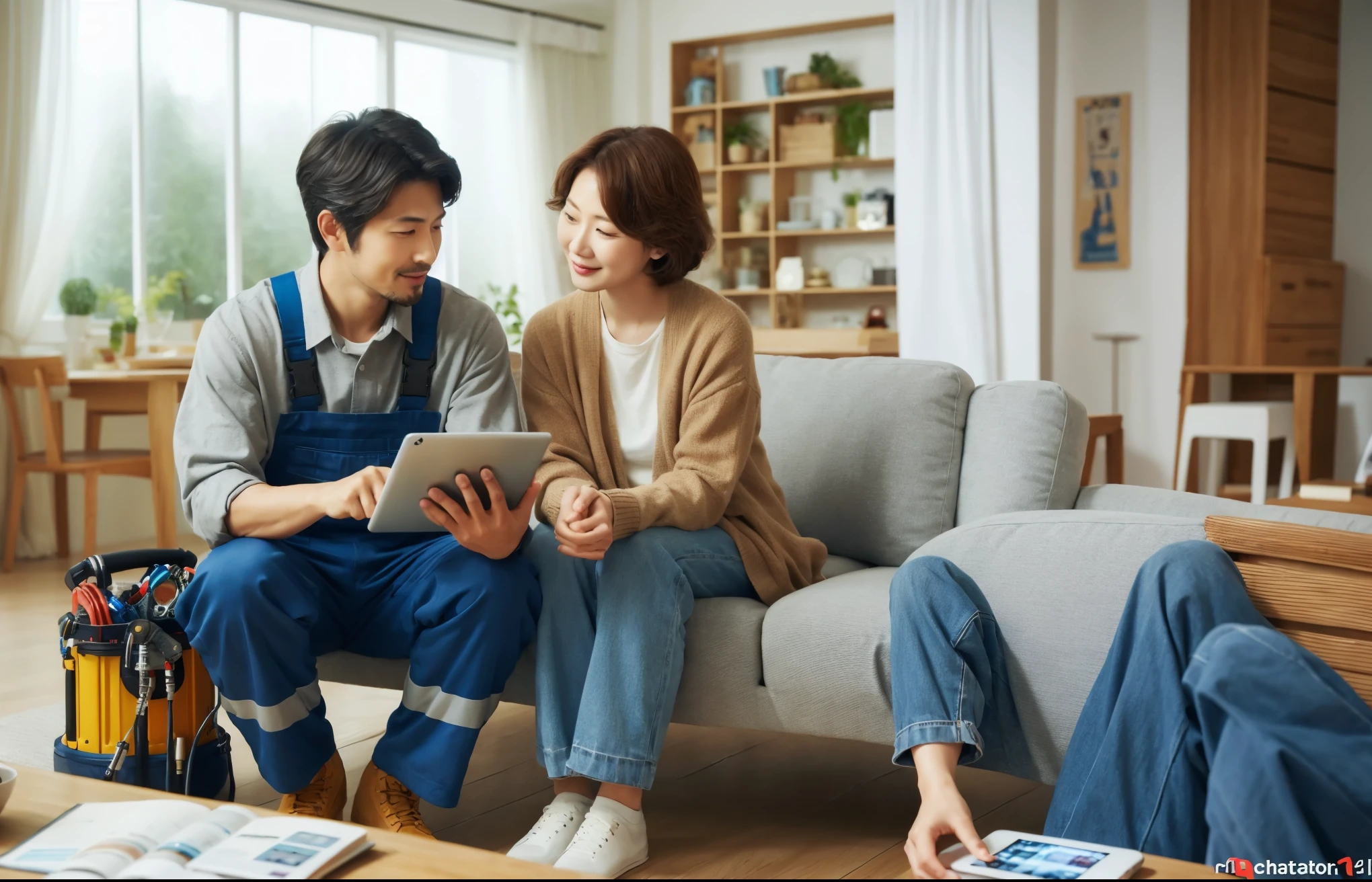 A man and a woman are sitting on a sofa and looking at a tablet, maintain, beginner, advertising image, advertising photo, Product introduction photo, Marketing Photography, center of image, advanced technology, special, The entire device, technology, portrait photography, customer, wearing plumber uniform, Trends ,, It is interesting, Dao City, DIY, beautiful photos, professionally, Professional work, floor angle