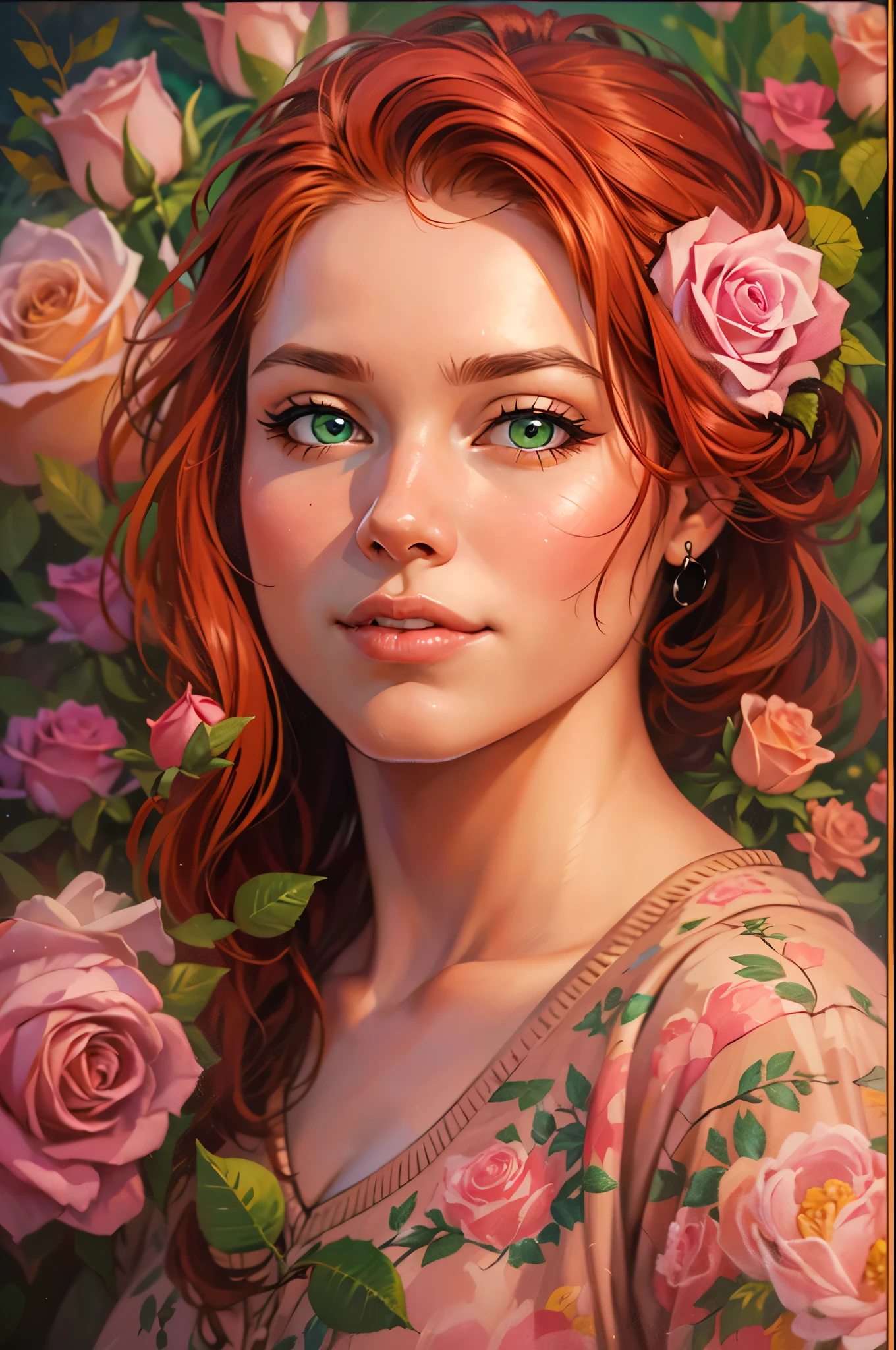 (a  woman:redhead:side part hairstyle:bright green eyes:looking straight forward:dimples:pink roses:floral:beautiful:thick body:chubby:oil painting:ultra-detailed, realistic, photorealistic:studio lighting:vivid colors:warm color tones)