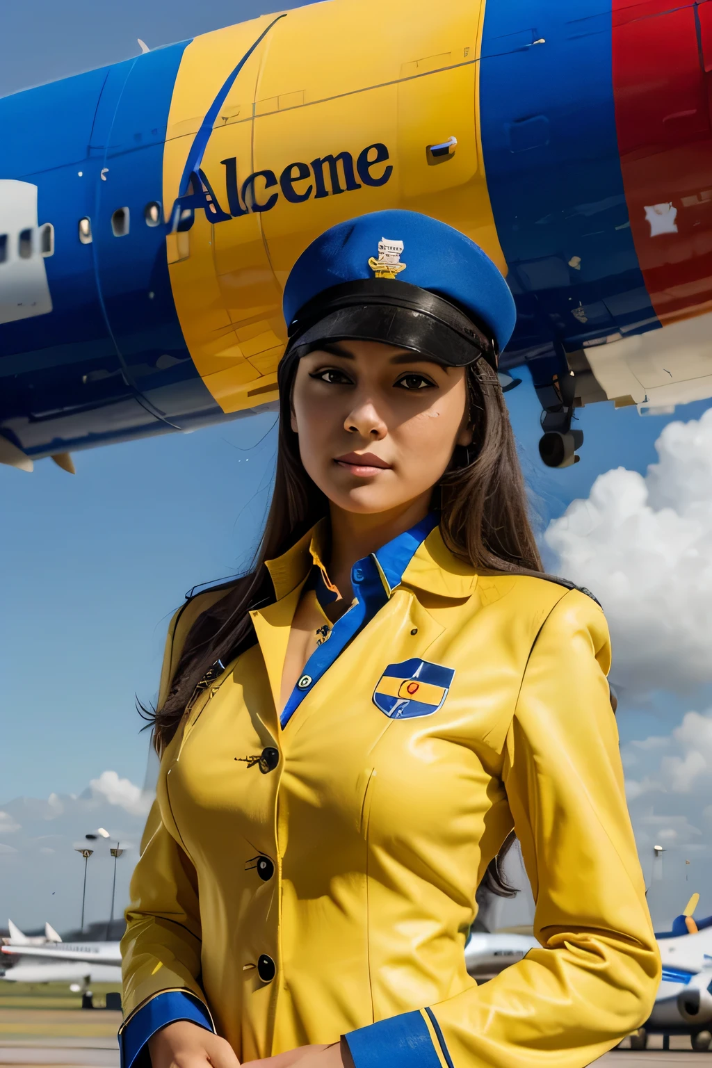 Draw me an Aces airline stewardess uniform dressed in yellow with blue and red details., representando los colores de la bandera colombiana. Los uniformes presentaban el logo de Aces en el pecho y, a menudo, They had modern designs..