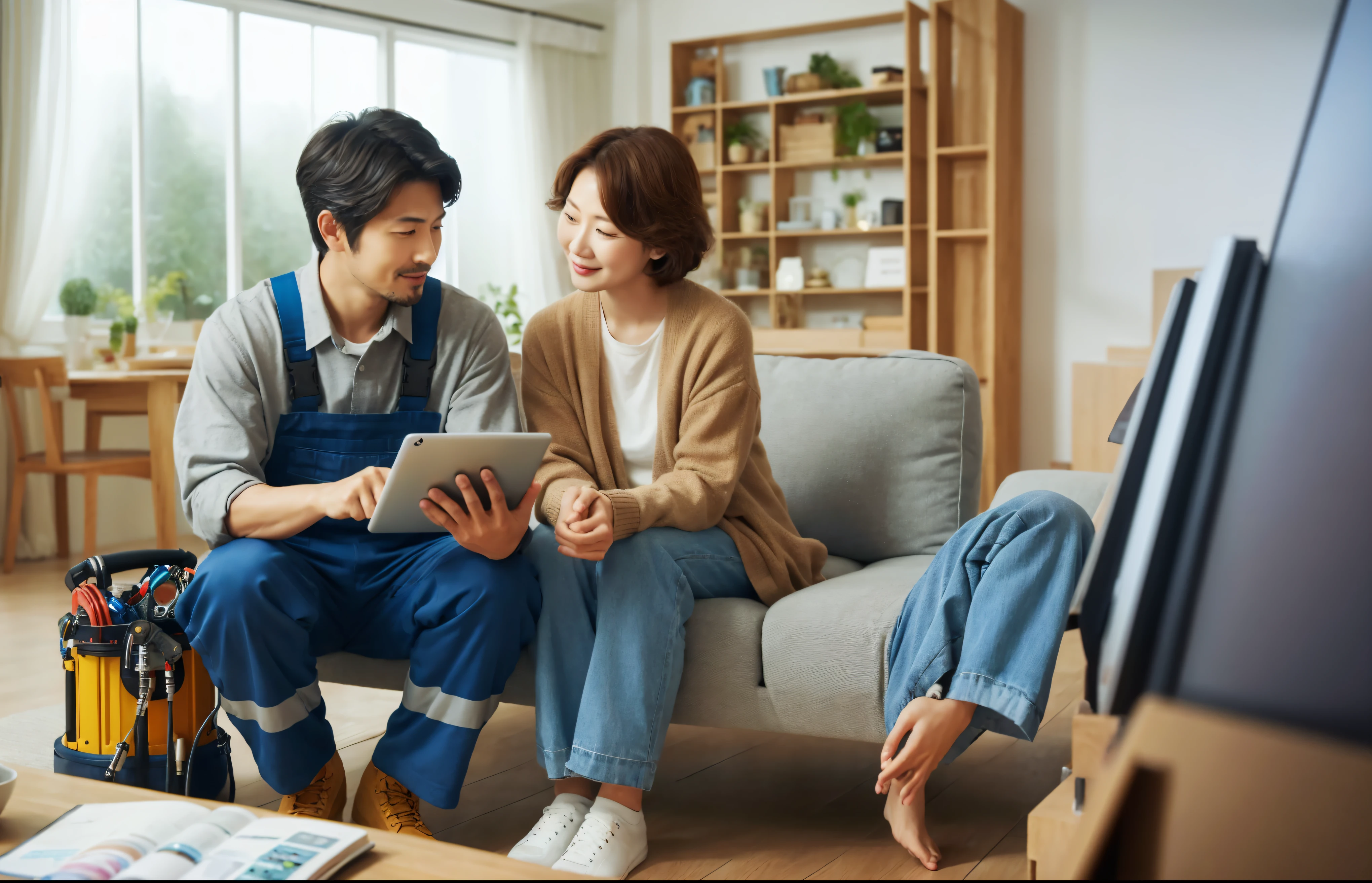 A man and a woman are sitting on a sofa and looking at a tablet, maintain, beginner, advertising image, advertising photo, Product introduction photo, Marketing Photography, center of image, advanced technology, special, The entire device, technology, portrait photography, customer, wearing plumber uniform, trending ，, interesting, Dao City, DIY, beautiful pictures, professionally, Professional work, floor angle