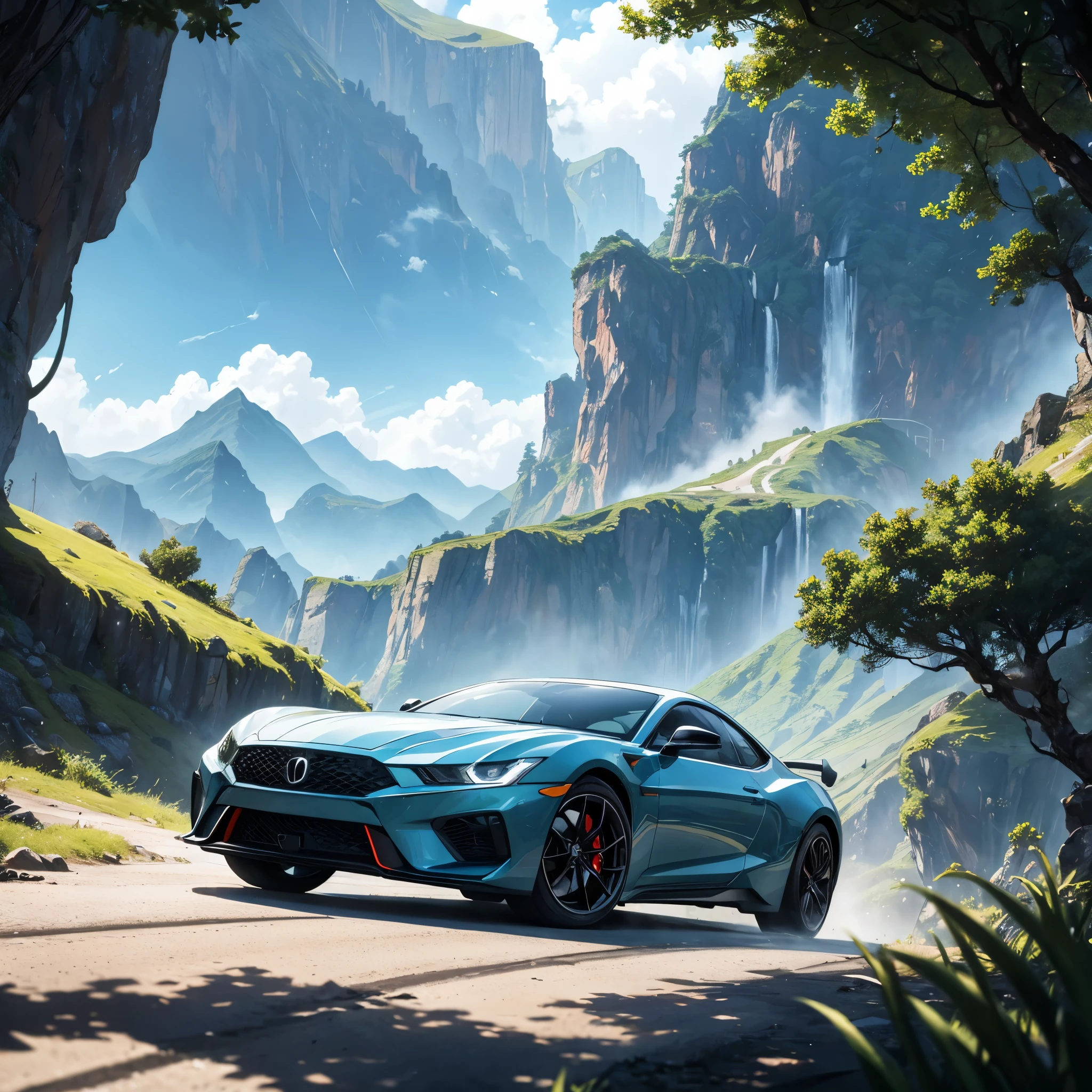 (best quality, 8k resolution), HDR lighting, vivid colors, detailed landscape, surreal atmosphere, majestic mountains, lush greenery, winding road, reflective surface, clear blue sky, fluffy white clouds, realistic car rendering, sleek and shiny, in motion, dust trailing behind, sense of freedom, adventure awaits, futuristic elements, vibrant and dynamic composition.