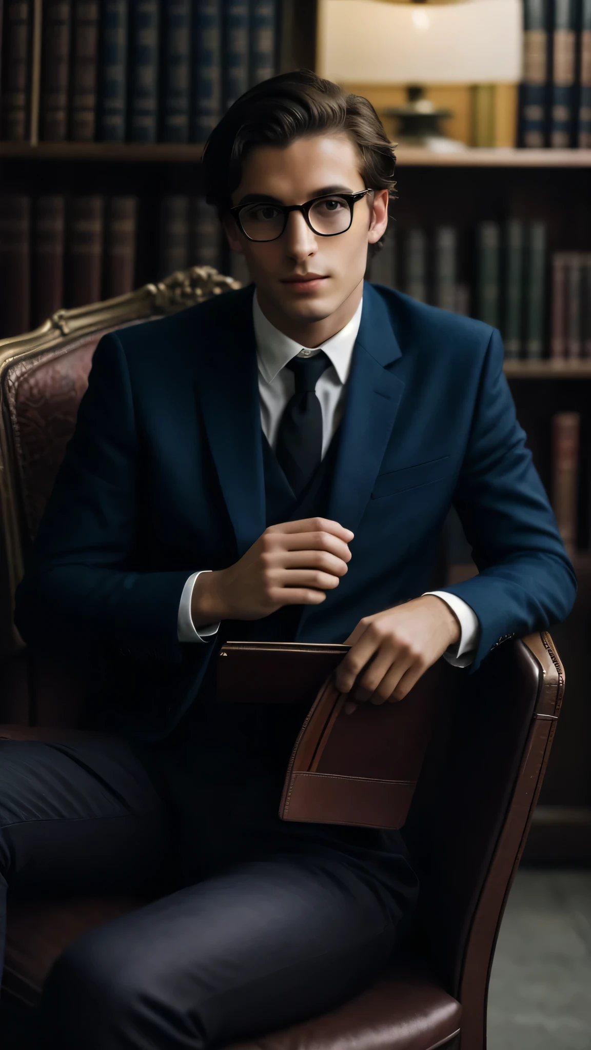 photographie d'un homme, (expression faciale chaleureuse), textured skin, chair de poule, rendu 3d, brown hair styled, regarde dans l'objectif, surreal library, bright and mysterious, lunettes, ultra realistic eyes, assis dans un fauteuil, Un livre dans les mains, (Soft light), Support 160 couleurs, shot on ARRI ALEXA 65, Bokeh, mise au point nette sur le sujet, tourné par Don McCullin
