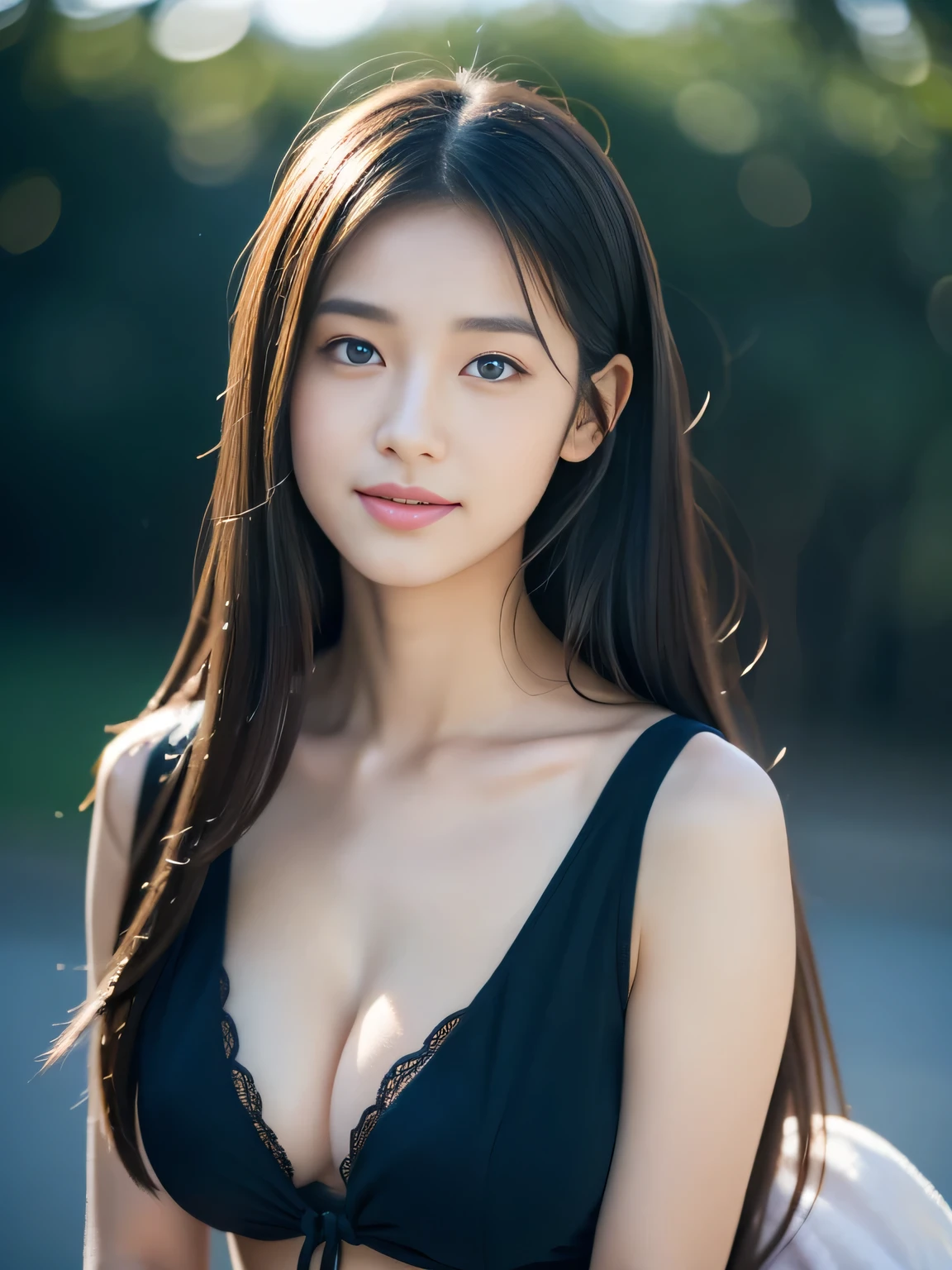 (((32k,high details,high detail、masterpiece,attention to detail,Full body Esbian,alone))),RAW photo & realistic atmosphere,beautiful dark blue eyes,detailed mouth,glossy lips,thin eyebrows,fine eyes、Soft white skin that shines in every detail、her deep blue eyes are so beautiful,lip details、very beautiful face,very well-shaped face、lifelike face,shining beautiful lips,beautiful eyebrows,infinite reality, Realistic like手グラビアアイドル,very cute high school girl, , likeき官能グラビアアイドル, like手グラビアアイドル, very beautiful and cute17 year old beautiful girl,with a flushed face,incredibly beautiful and classy17 year old beautiful girl,natural soft light,(black shiny hair,,barefoot,Beautiful and kind eyes:1.5),(like々beauty,gentle smile,well-shaped chest,,immature body,long hair,Let your hair hang high and tie it together,beautiful posture,no makeup,woman ,Clothes like Shinsengumi,look at me,cleavage