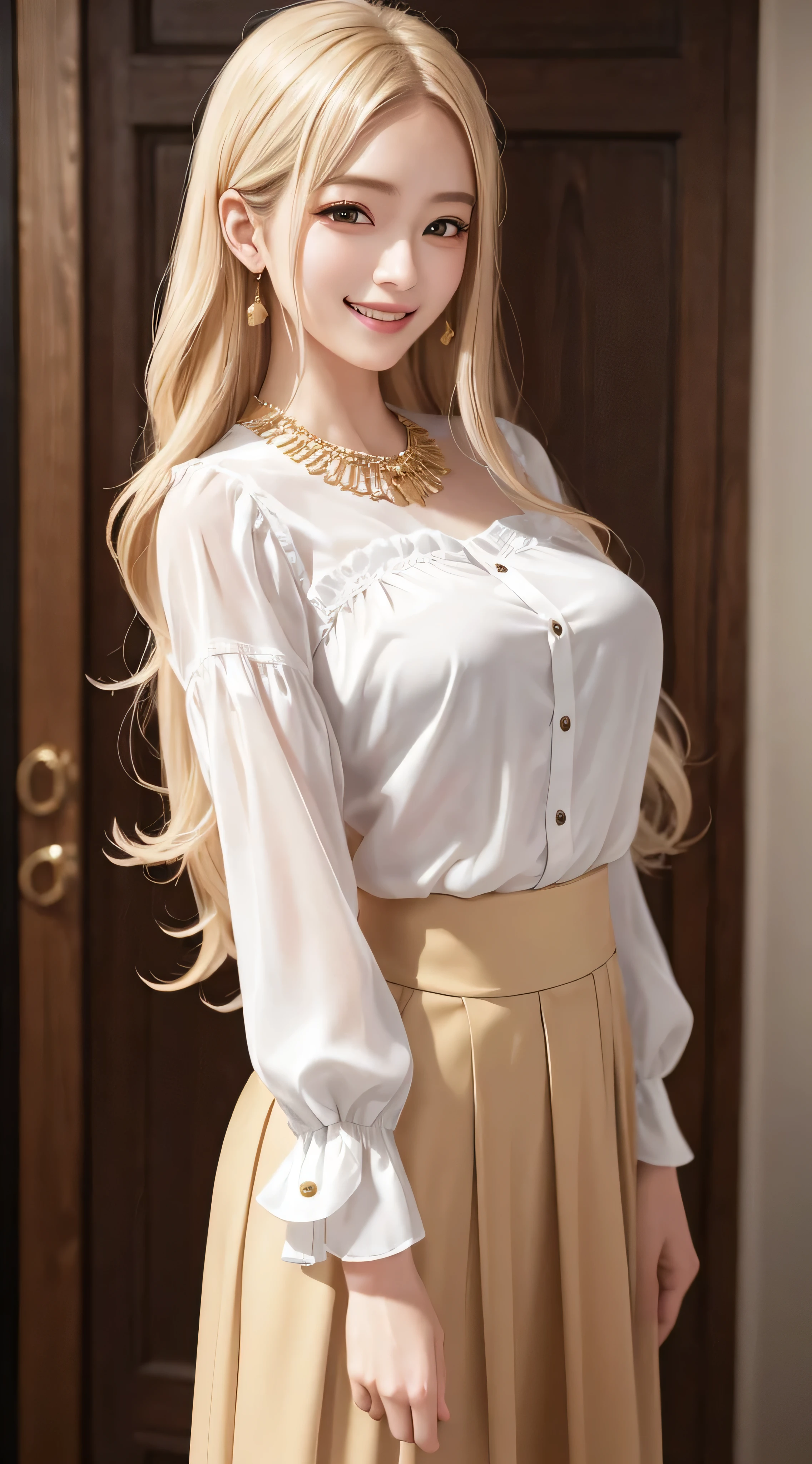 Western women、Fashion Model、blouse、skirt、silk blouse、wearing a shirt and miniskirt、White shirt with frills、Glamour、She was photographed by paparazzi、gold necklace＿Large earrings、super long blonde hair、Hair with loose waves inside、brown eyes、8K、high resolution、masterpiece、最high resolution、HD、very detailed、voluminous lighting、photorealistic、((shy smile:1.3))、
