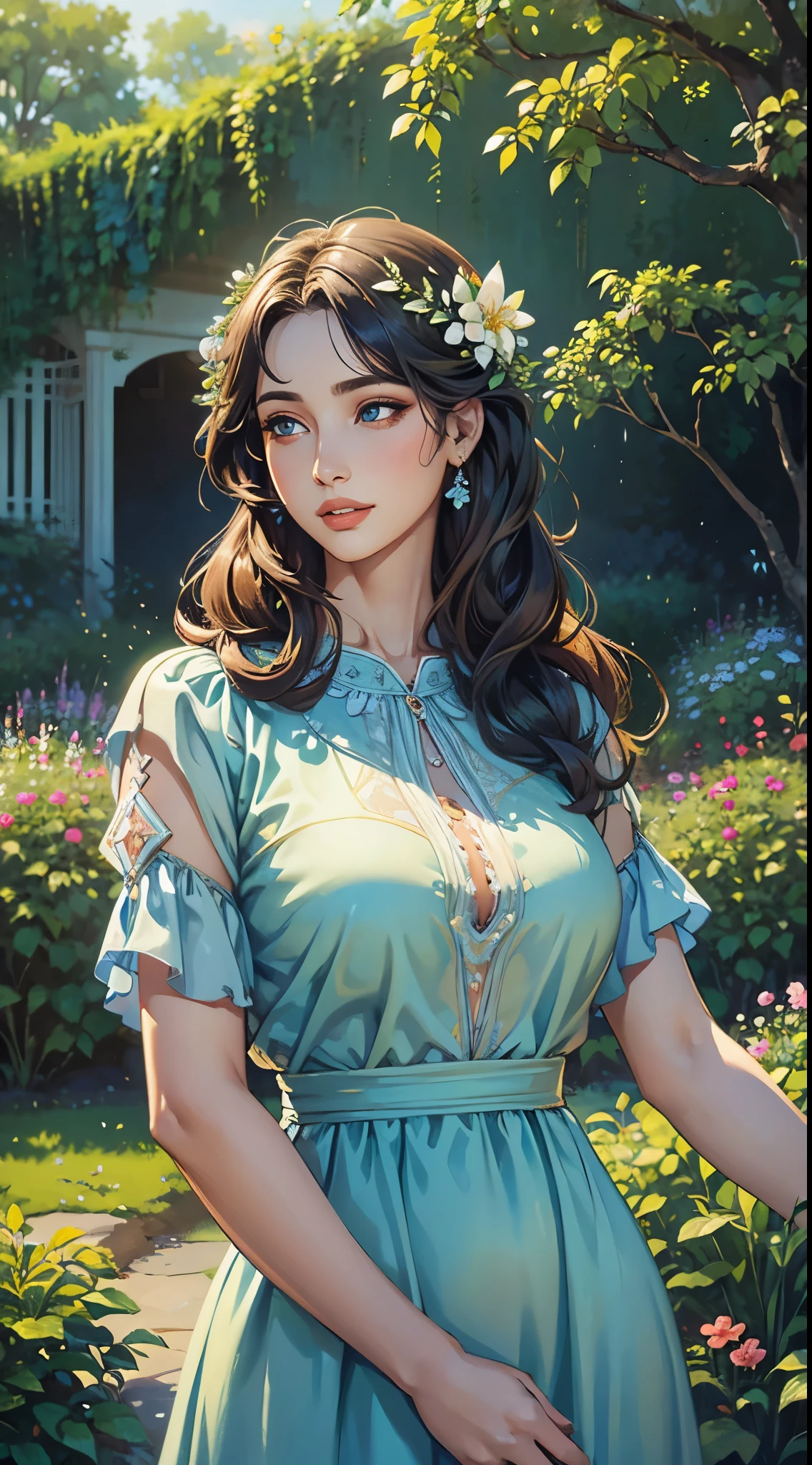 beautiful detailed eyes,detailed lips,girl in a garden,soft lighting, oil painting style,vibrant colors,peaceful expression, flowy dress, greenery surrounding, serene atmosphere, calm and relaxed facial expression