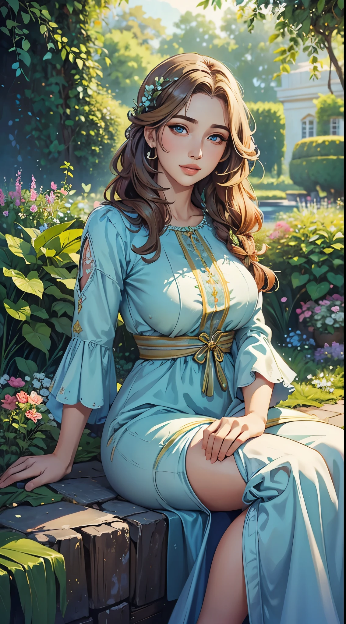 beautiful detailed eyes,detailed lips,girl in a garden,soft lighting, oil painting style,vibrant colors,peaceful expression, flowy dress, greenery surrounding, serene atmosphere, calm and relaxed facial expression