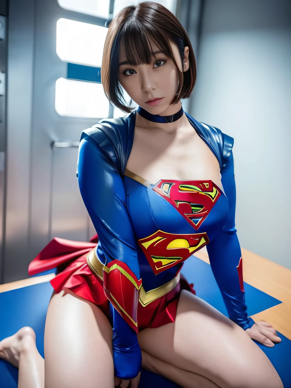 masterpiece、supergirl costume、short hair、barefoot、big and full breasts、human experiment subjects、Research room、operating table、Crisis situation、emphasize the chest、choker、shiny、looking at camera、Seduce、choker、long sleeve、high leg bloomers、sexy pose、model body shape、realistic