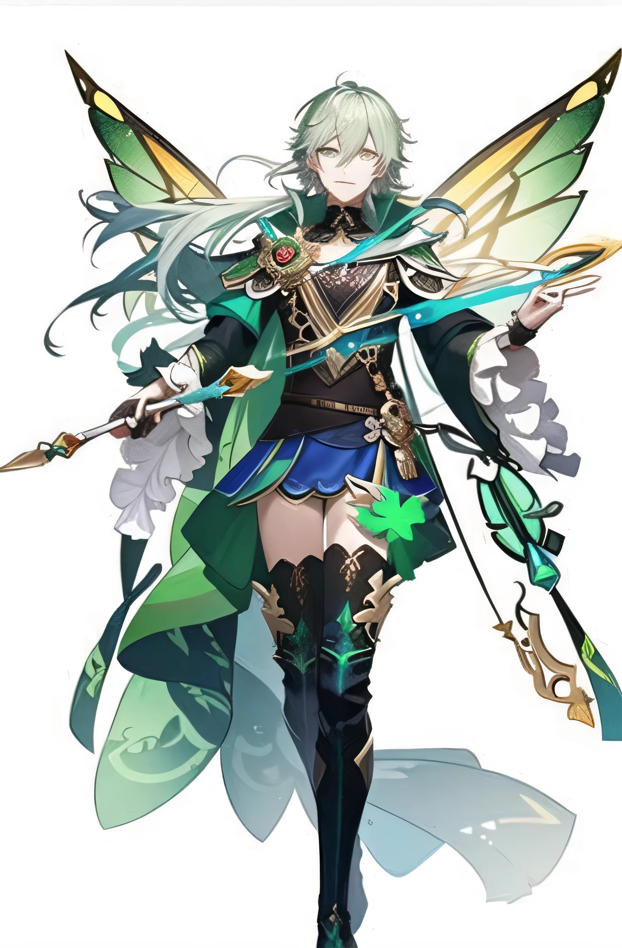 um homem com um vestido verde segurando uma espada e uma borboleta, arte oficial do personagem, estilo shadowverso, eu era o ponto, conceito de personagem shadowverse, zhongli do impacto genshin, arauto esmeralda, arte oficial, paluto, Maple story character art, personagem de impacto genshin, seductive elf prince knight, arte chave detalhada do anime