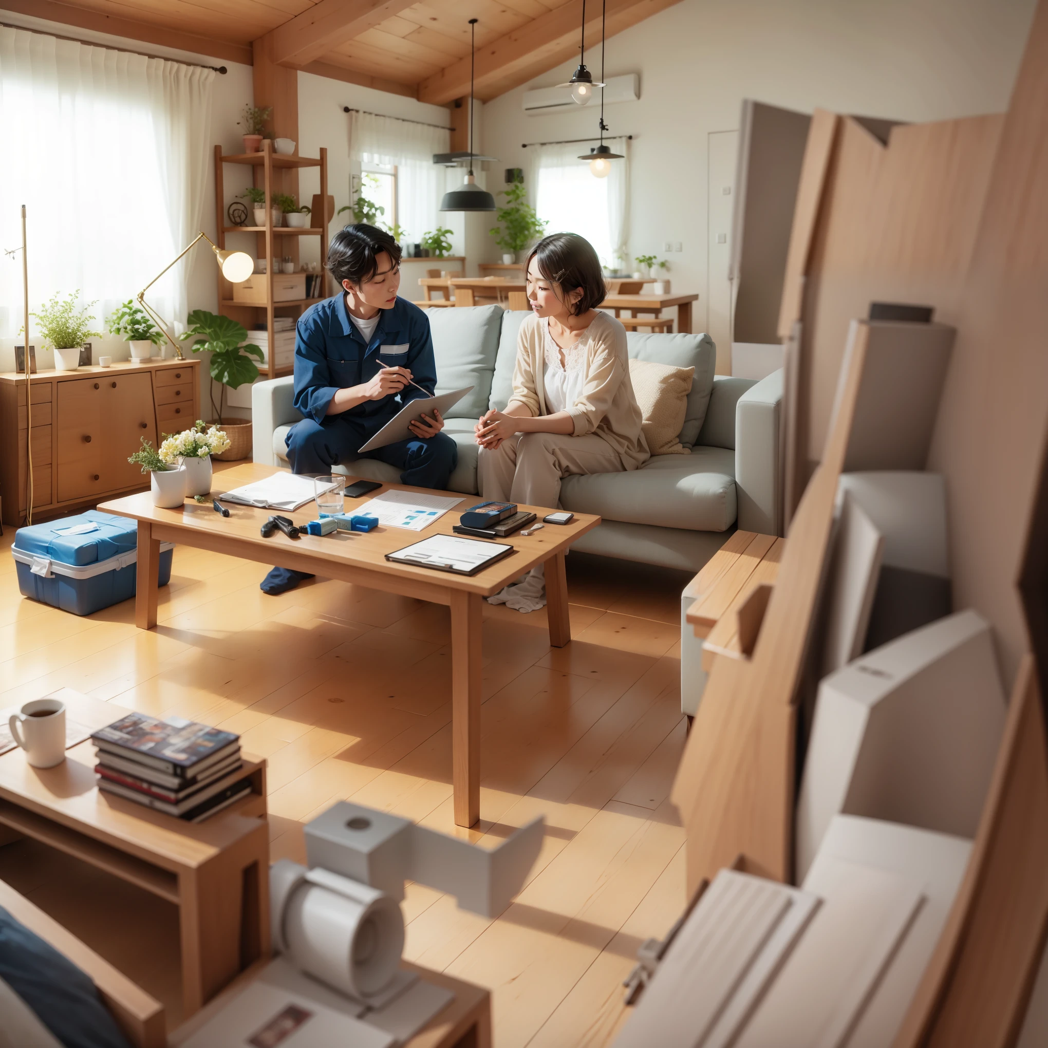 Two people are sitting on a sofa in the living room, in a japanese apartment, advertising photo, Marketing Photography, advertising image, Japanese Collection Goods, awesome image, portrait photography, modern japanese living room, high quality photos, Catalogue Pictures, Japanese House, beginner, 8k while talking calmly, Indoor scenes, sitting in a country living room, color photo, maintain