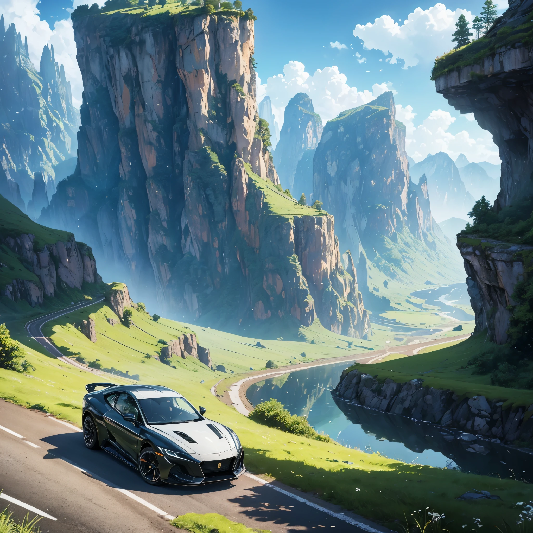 (best quality, 8k resolution), HDR lighting, vivid colors, detailed landscape, surreal atmosphere, majestic mountains, lush greenery, winding road, reflective surface, clear blue sky, fluffy white clouds, realistic car rendering, sleek and shiny, in motion, dust trailing behind, sense of freedom, adventure awaits, futuristic elements, vibrant and dynamic composition.