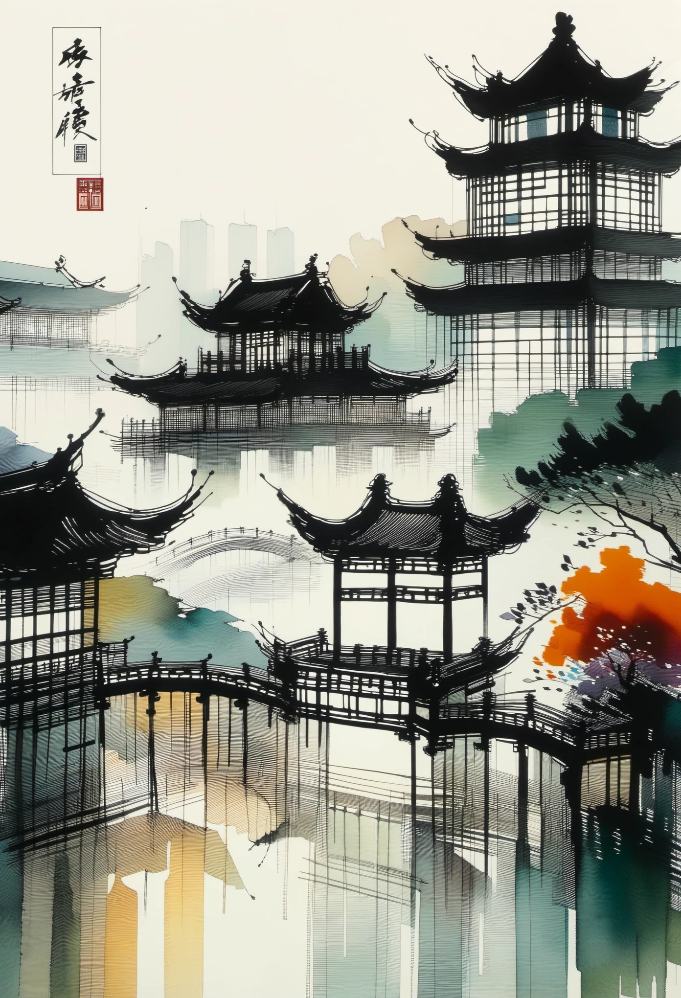 Geometric abstract ink,Describe the Jiangnan landscape architectural complex,Wu Guanzhong's style is an artistic expression that merges traditional Chinese ink techniques with Western painting concepts. It is characterized by modern interpretations of traditional themes, creating unique visual effects through color and line.