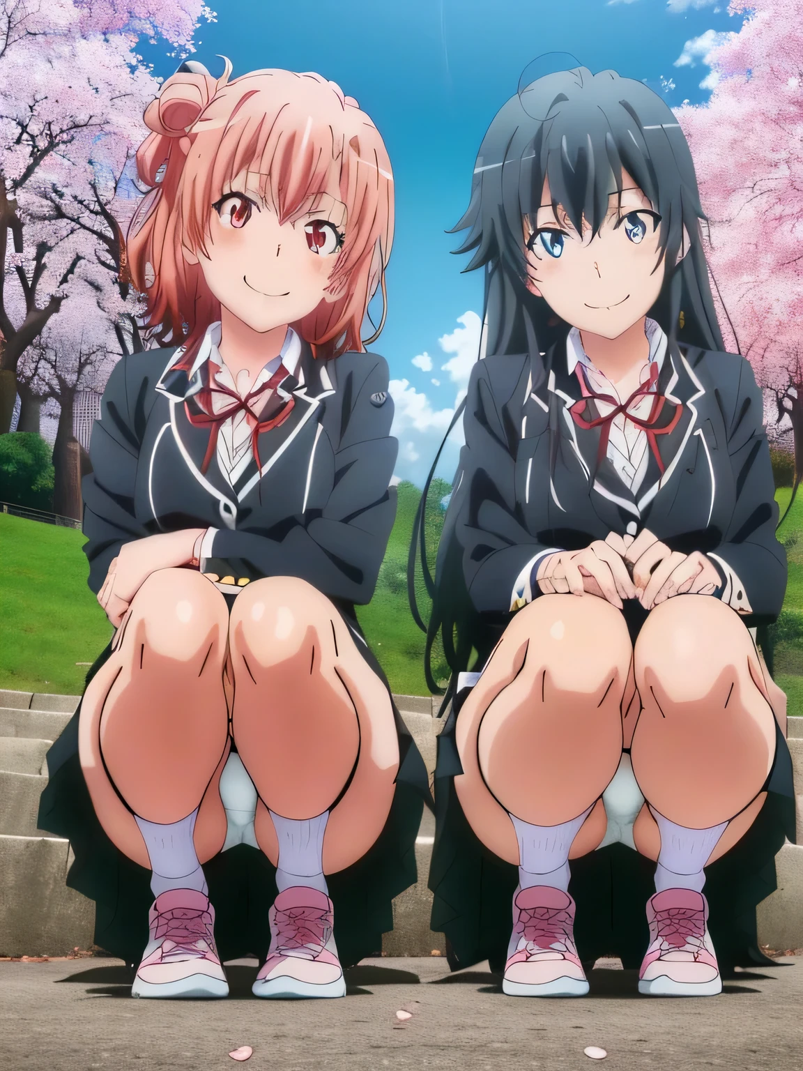 (2 girls( , Yukinoshita Yukino , Yuigahama Yui , Cherry-blossom viewing, uniform,,(black blazer),shirt,((check skirt:1.0)),(White shiny panties),(anime screenshot),squat,thighs,knees,calf,white socks,pink sneakers,whole body,smile,from the front,
