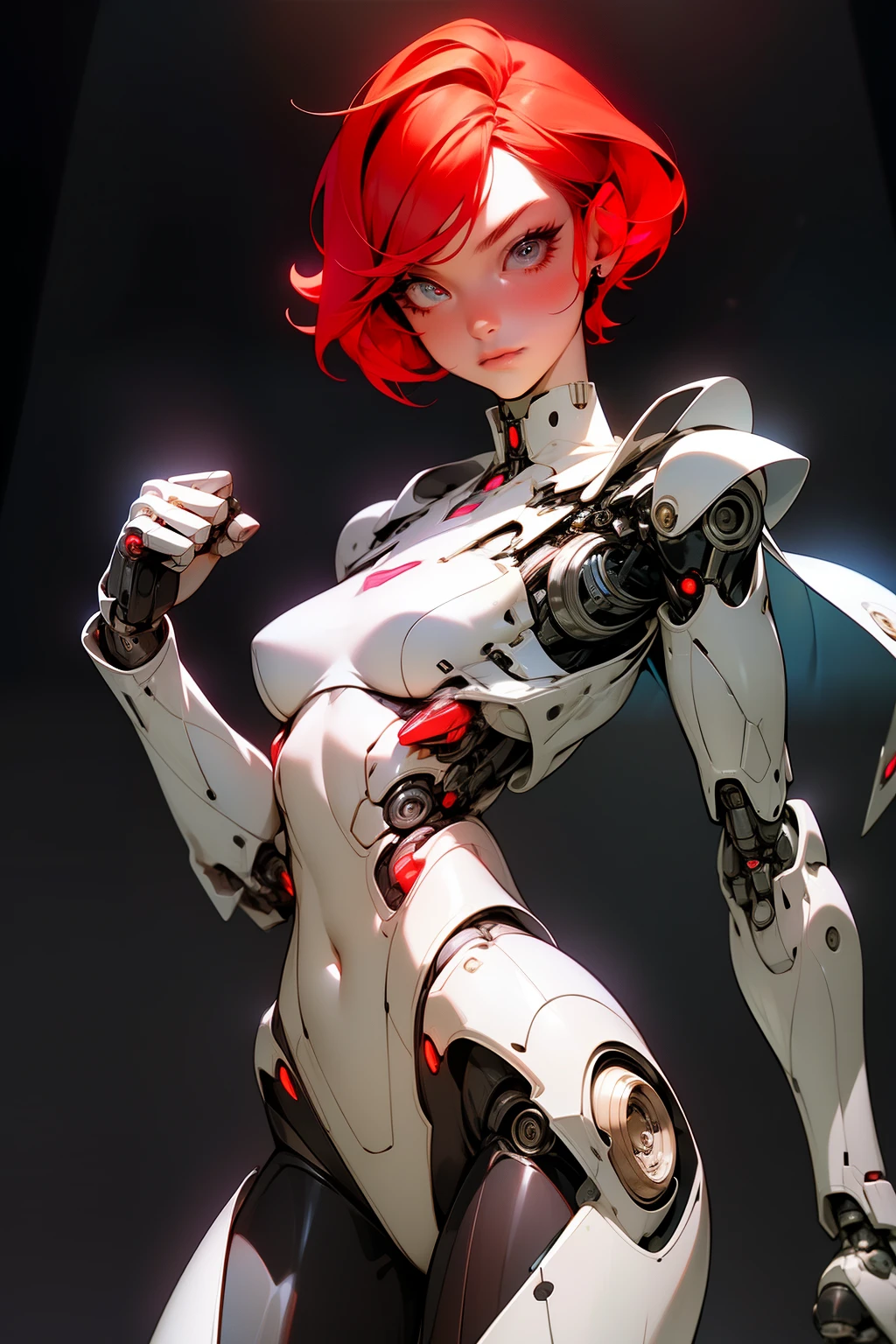 high quality, 4k, masterpiece, beautiful, cyborg girl, cowboy shot, looking at viewer, short red hair, girl, medium breasts, slim thighs, robotic arms, robotic body, cyborg body, intricate detail, joint, detailed lines, robotic detail, holding fist up, holding hand up as fist, color robotic parts, robotic parts with color, glowing eyes, glowing parts, perferc fingers, jacket, jacket over robot parts, short jacket, half jacket