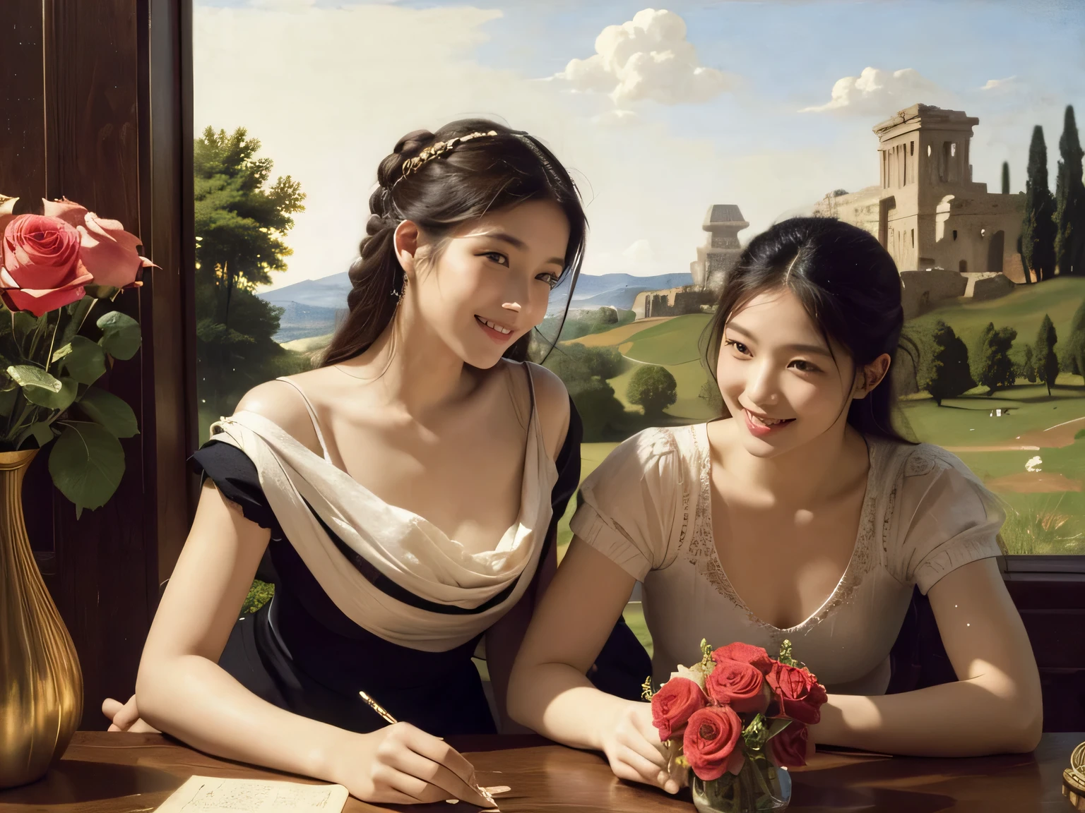 Giorgione&#39;s painting style,Discussion between two female philosophers,math、astronomical machine、astronaut、roses in vase、fruit、Cute trinkets、smile、ancient greek costume、Ancient Roman landscape in the style of Nicolas Poussin,laughter,,sweet and enchanting appearance.、caravaggio painting、Caravaggio&#39;s Chiaroscuro、My hair was messed up by the wind,two women having fun,cute smile, expression of ecstasy,sexy,erotic