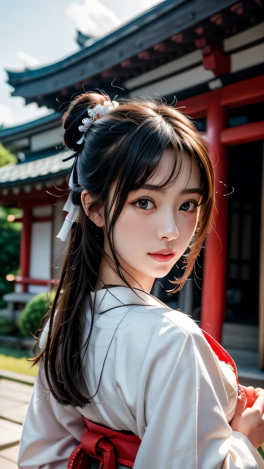 1 girl, bun hair, hair ornaments, mizuhiki, (shrine maiden), (Japanese style shrine maiden costume, white haori, redも:1.4), cinematic light, Sacred, shrine, redい鳥居,bun hairにhair ornamentsをつけた1人の女の子です。she has a water lead、shrineの巫女のような姿をしています。彼女の衣装は日本のshrine巫女の衣装であり、white haoriとredい装いを身にまとっています(red:1.4)。She's so cute、has a wonderful face and eyes。Her face is so detailed、Super realistic expression、eyes and hair、Detailed depiction of plump lips and other details.。There'her upper body is smiling。This photo is a RAW photo taken in the highest quality.、Realized by professional photography。cinematic lightが差し込み、Sacred雰囲気を醸し出しています。背景にはredい鳥居があり、shrineの雰囲気が漂っています。