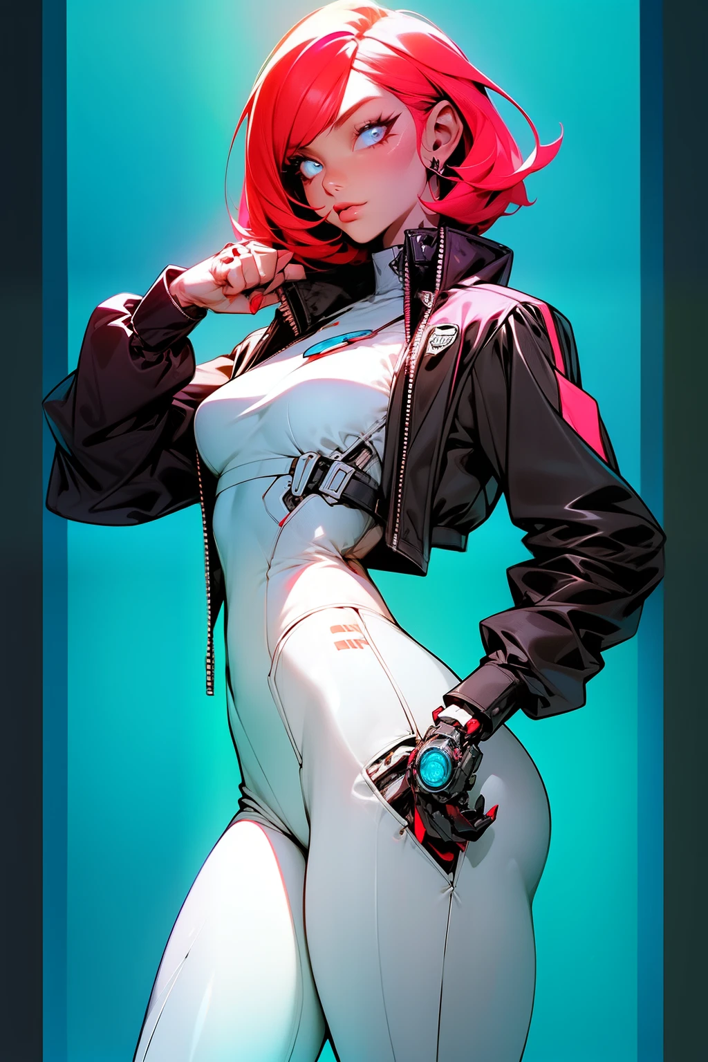 high quality, 4k, masterpiece, beautiful, cyborg girl, cowboy shot, looking at viewer, short red hair, girl, medium breasts, slim thighs, robotic arms, robotic body, cyborg body, intricate detail, joint, detailed lines, robotic detail, holding fist up, holding hand up as fist, color robotic parts, robotic parts with color, glowing eyes, glowing parts, jacket, jacket over robot parts, short jacket, half jacket