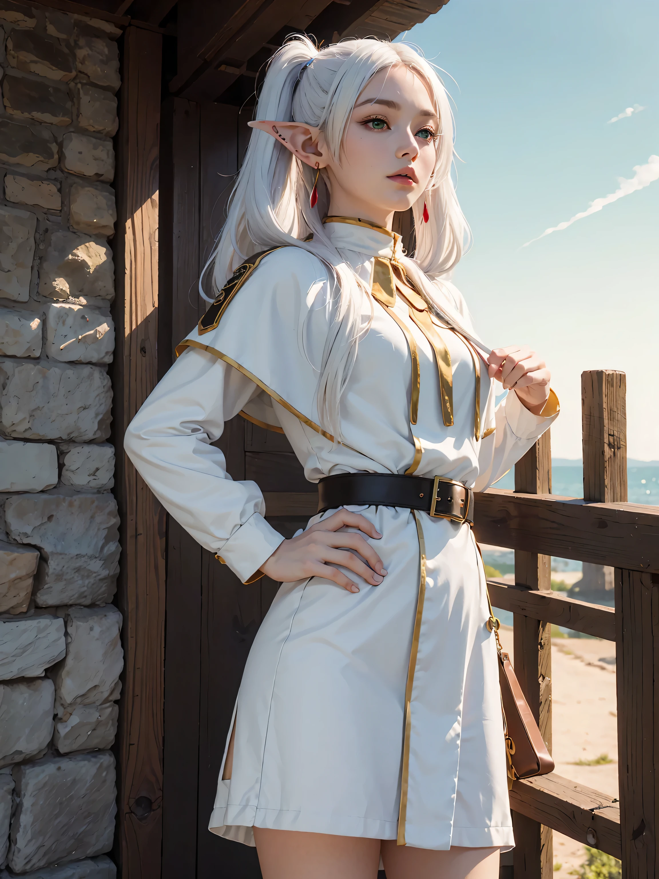(maximum quality image, masterpiece), detailed landscape,(((white hair))), detailed beautiful green eyes, tranquil lake (reflecting the vibrant sky at dusk),nuances of colors,quiet, frieren, 1girl, long hair, pointy ears, twintails, jewelry, elf, earrings, capelet, white capelet, long sleeves, parted bangs, dress, belt, flower, small breasts, wide hips, from below, hands behind hips