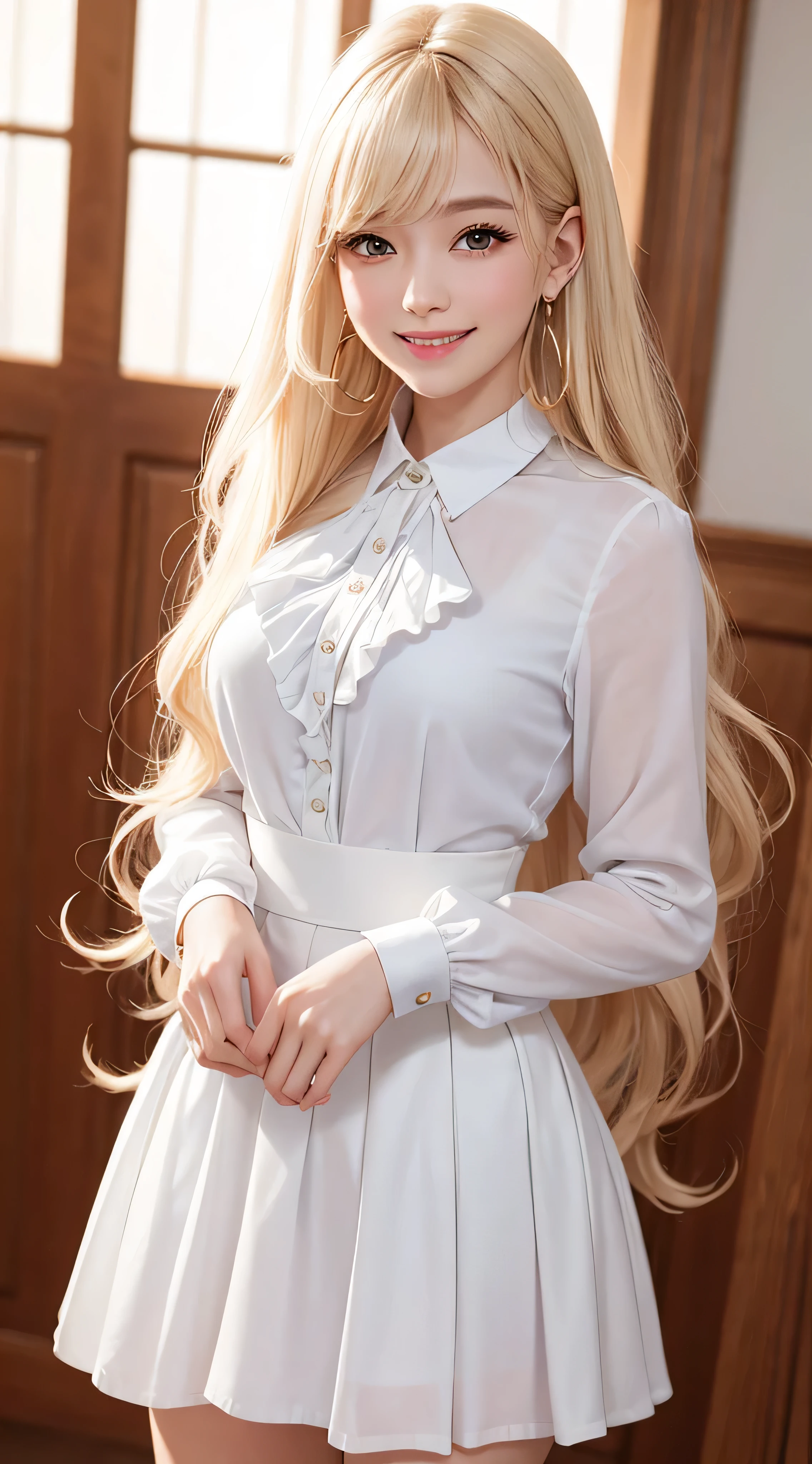 European and American women、Fashion Model、white blouse、white skirt、silk blouse、white shirt and super mini skirt、white shirt with ruffles、Glamour、photographed by paparazzi、gold necklace_Large earrings、super long blonde hair、loose wavy hair、hair over one eye、brown eyes、8K、High resolution、masterpiece、最High resolution、HD、very detailed、voluminous lighting、photorealistic、((shy smile:1.3))、