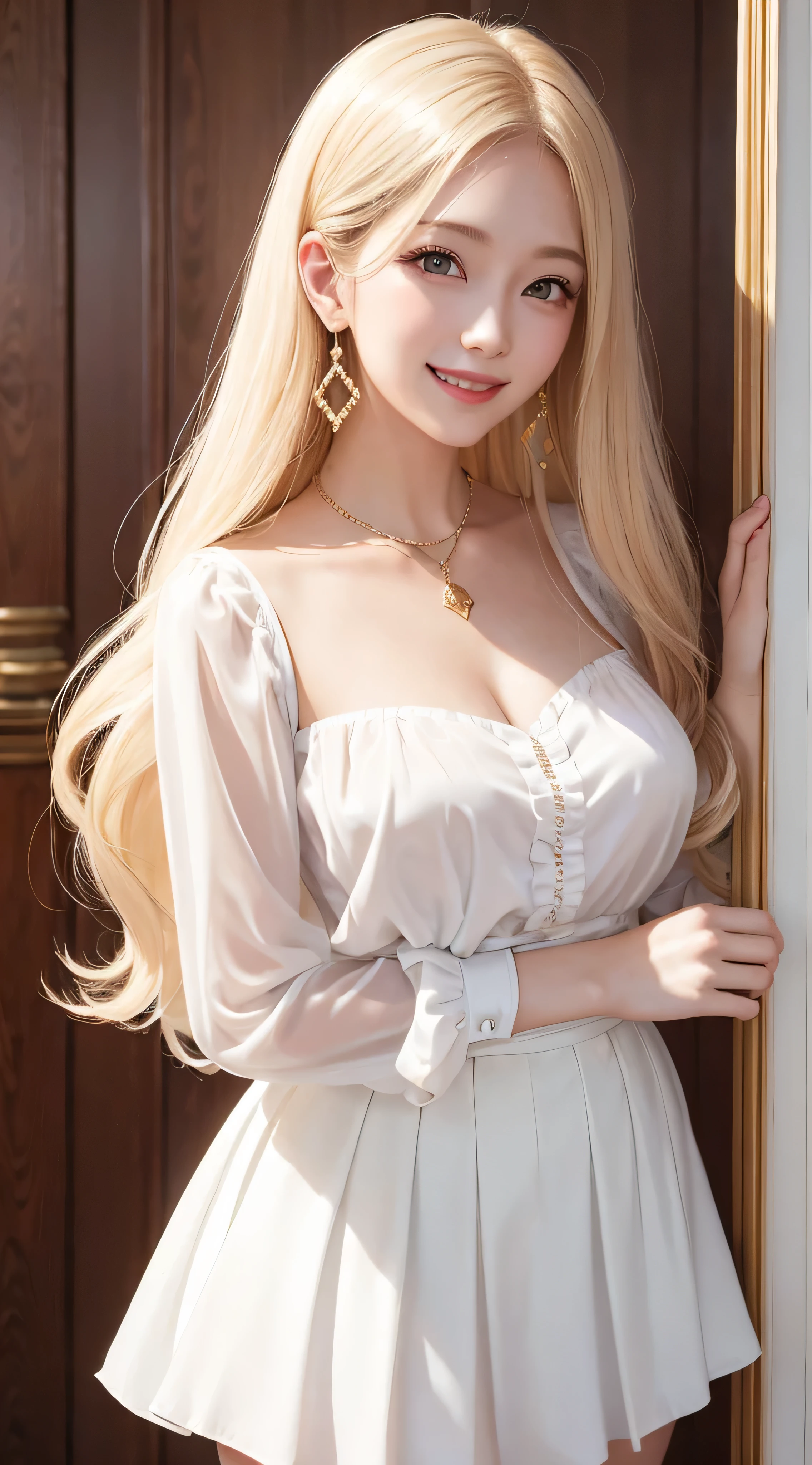 European and American women、Fashion Model、white blouse、white skirt、silk blouse、white shirt and super mini skirt、white shirt with ruffles、Glamour、photographed by paparazzi、gold necklace_Large earrings、super long blonde hair、loose wavy hair、hair over one eye、brown eyes、8K、High resolution、masterpiece、最High resolution、HD、very detailed、voluminous lighting、photorealistic、((shy smile:1.3))、