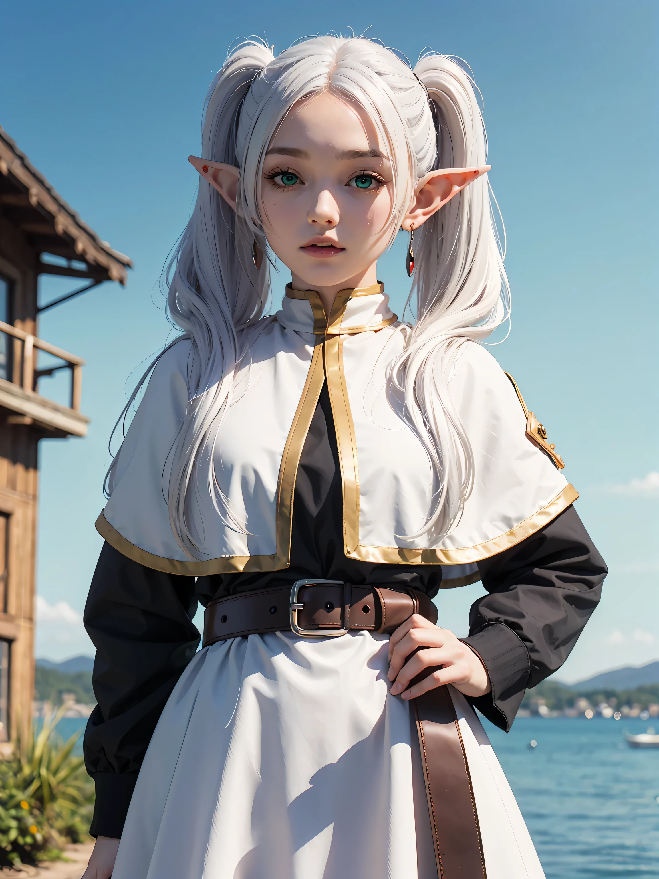 (maximum quality image, masterpiece), detailed landscape,(((white hair))), detailed beautiful green eyes,  tranquil lake (reflecting the vibrant sky at dusk),nuances of colors,quiet, frieren, 1girl, long hair, pointy ears, twintails, jewelry, elf, earrings, capelet, white capelet, long sleeves, parted bangs, dress, belt, flower, small breasts, wide hips, from below, hands behind hips