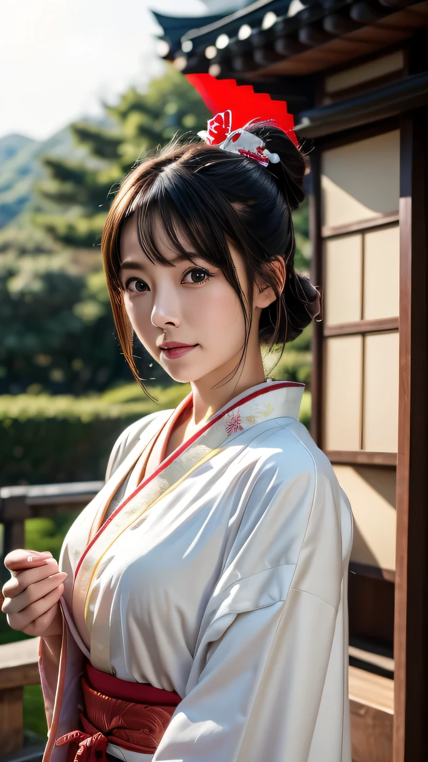 1 girl, bun hair, hair ornaments, mizuhiki, (shrine maiden), (Japanese style shrine maiden costume, white haori, redも:1.4), cinematic light, Sacred, shrine, redい鳥居,bun hairにhair ornamentsをつけた1人の女の子です。she has a water lead、shrineの巫女のような姿をしています。彼女の衣装は日本のshrine巫女の衣装であり、white haoriとredい装いを身にまとっています(red:1.4)。She's so cute、has a wonderful face and eyes。Her face is so detailed、Super realistic expression、eyes and hair、Detailed depiction of plump lips and other details.。There'her upper body is smiling。This photo is a RAW photo taken in the highest quality.、Realized by professional photography。cinematic lightが差し込み、Sacred雰囲気を醸し出しています。背景にはredい鳥居があり、shrineの雰囲気が漂っています。
