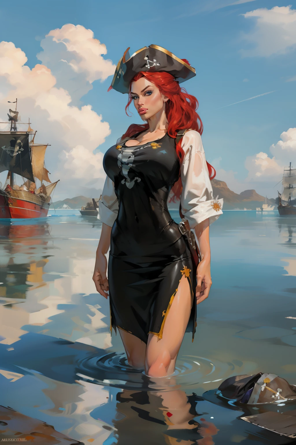 Girl with wavy red hair and rebellious, ((hair slicked back)), Caucasian woman,ice blue eyes and tanned skin, round breasts, standing on a lake, half the body submerged in water, (pirate style clothes), (gigantic breasts), background with clouds, realistic style, sexy pirate hat, pirate buckets, pirate gun,