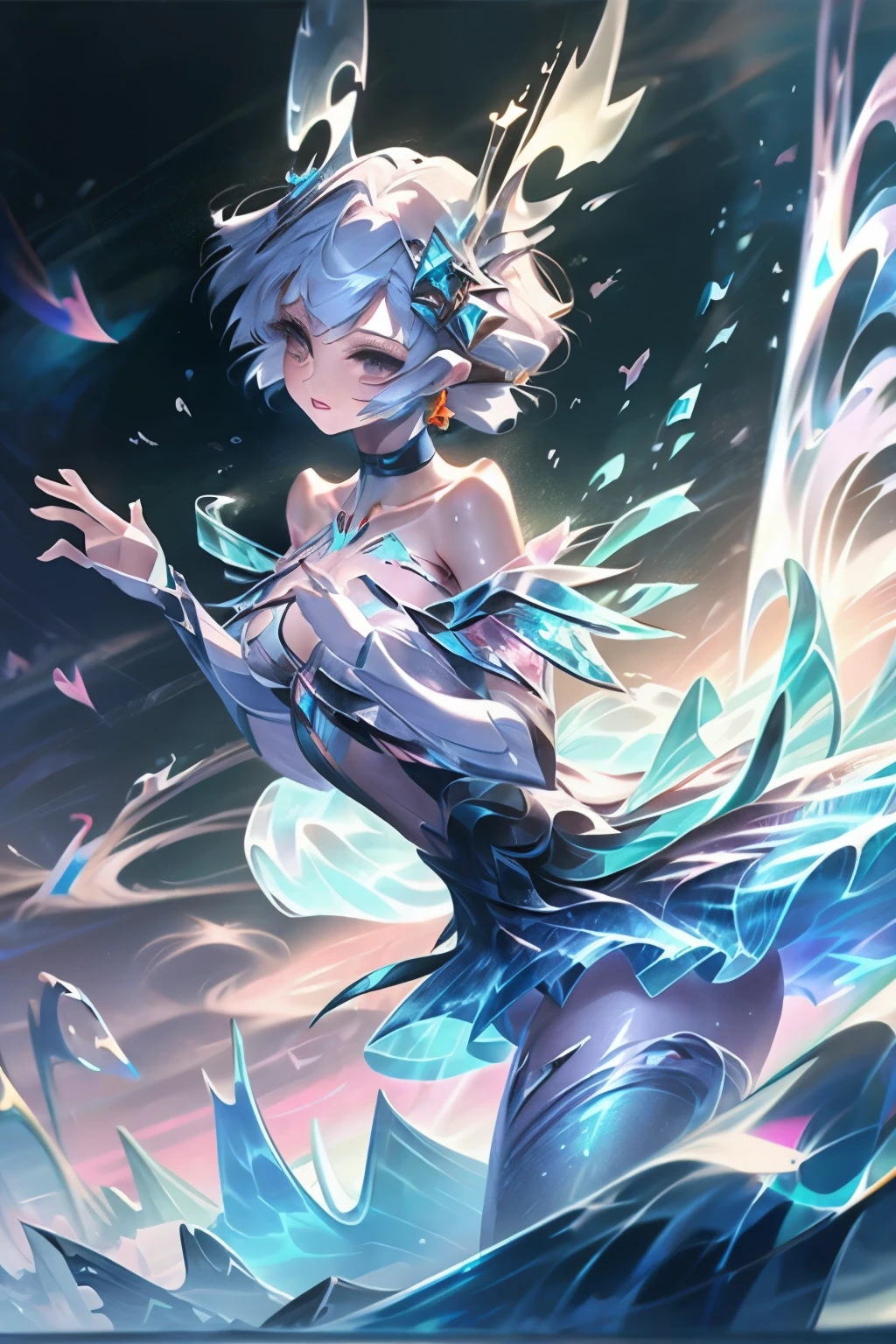 (ethereal, dreamlike), (white hair girl), (dancing in the space), (4k resolution, professional, masterpiece), (floating dress), (graceful movementasterpiece, top quality, best quality, official art, beautiful and aesthetic:1.3), (1girl:1.3), extreme detailed,(fractal art:1.3),colorful, photoRealstic, cosmic background, celestial glow, serene atmosphere, hypnotic, enchanting, otherworldly, seamless motion, high resolution, detailed textures, ethereal lighting, mesmerizing, EV-1.0,NSFW、barechested、years、fullnude、art stations、4 k、awardwinning、being thin、Slender body、Smaller chest、Ribs、Live-action background、fullnude、fullnude、Luxurious hair ornaments、8Head and body、A slender、Very skinny、Luxury、skinny、Ribs、discreet breasts、Smaller chest, beauty legs、Constricted waist、dented belly、Beautiful hair、Condescending look、Whole body frame-in from head to toe、summer、dog collar、a choker、Yui Arakaki