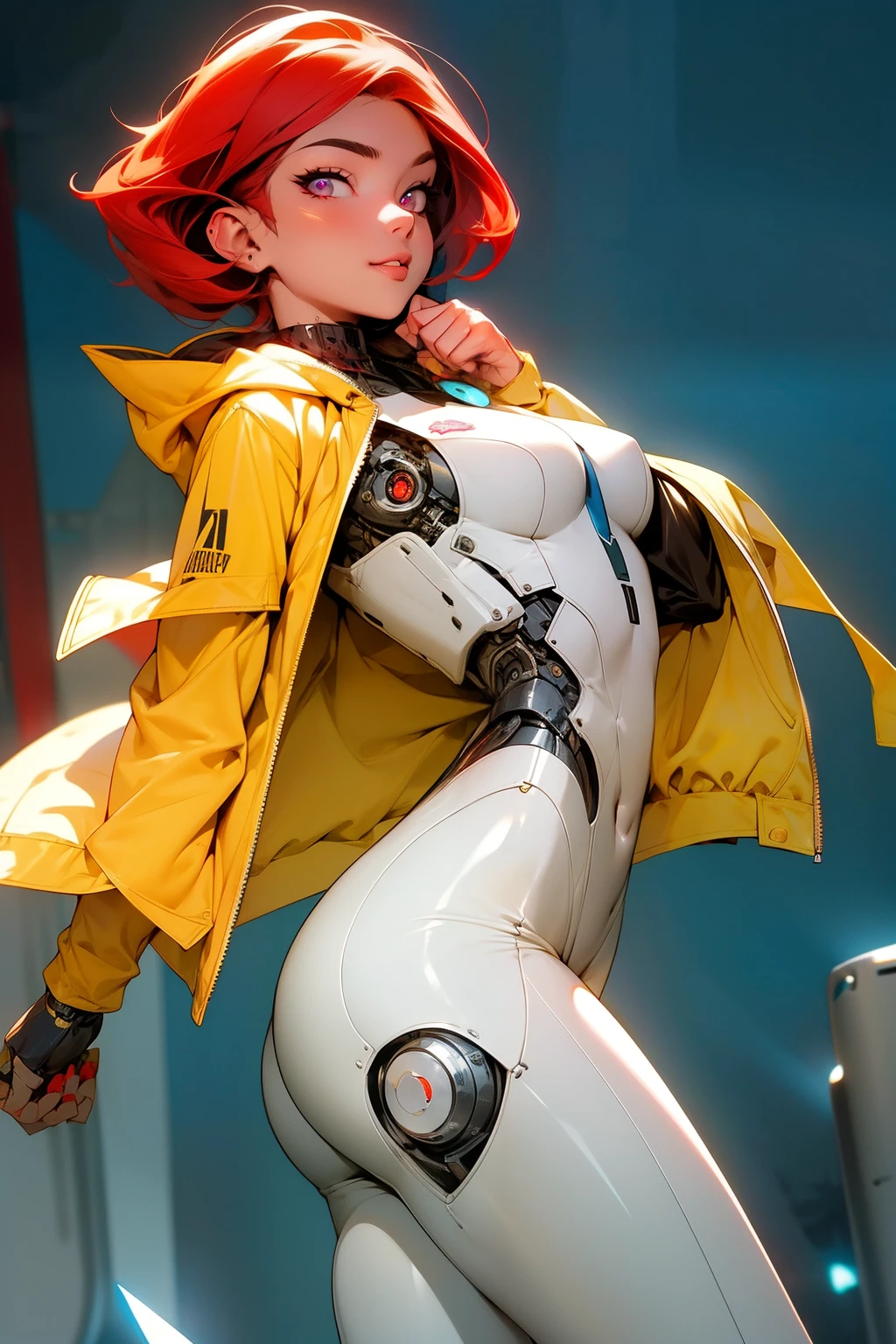 high quality, 4k, masterpiece, beautiful, cyborg girl, cowboy shot, looking at viewer, short red hair, girl, medium breasts, slim thighs, robotic arms, robotic body, cyborg body, intricate detail, joint, detailed lines, robotic detail, holding fist up, holding hand up as fist, color robotic parts, robotic parts with color, glowing eyes, glowing parts, jacket, jacket over robot parts, short jacket, half jacket