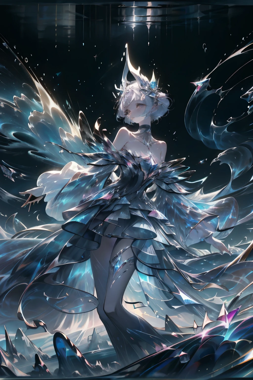 (ethereal, dreamlike), (white hair girl), (dancing in the space), (4k resolution, professional, masterpiece), (floating dress), (graceful movementasterpiece, top quality, best quality, official art, beautiful and aesthetic:1.3), (1girl:1.3), extreme detailed,(fractal art:1.3),colorful, photoRealstic, cosmic background, celestial glow, serene atmosphere, hypnotic, enchanting, otherworldly, seamless motion, high resolution, detailed textures, ethereal lighting, mesmerizing, EV-1.0,NSFW、barechested、14years、fullnude、art stations、4 k、awardwinning、being thin、Slender body、Smaller chest、Ribs、Live-action background、fullnude、fullnude、Luxurious hair ornaments、8Head and body、A slender、Very skinny、Luxury、skinny、Ribs、discreet breasts、Smaller chest, beauty legs、Constricted waist、dented belly、Beautiful hair、Condescending look、Whole body frame-in from head to toe、summer、dog collar、a choker、Yui Arakaki