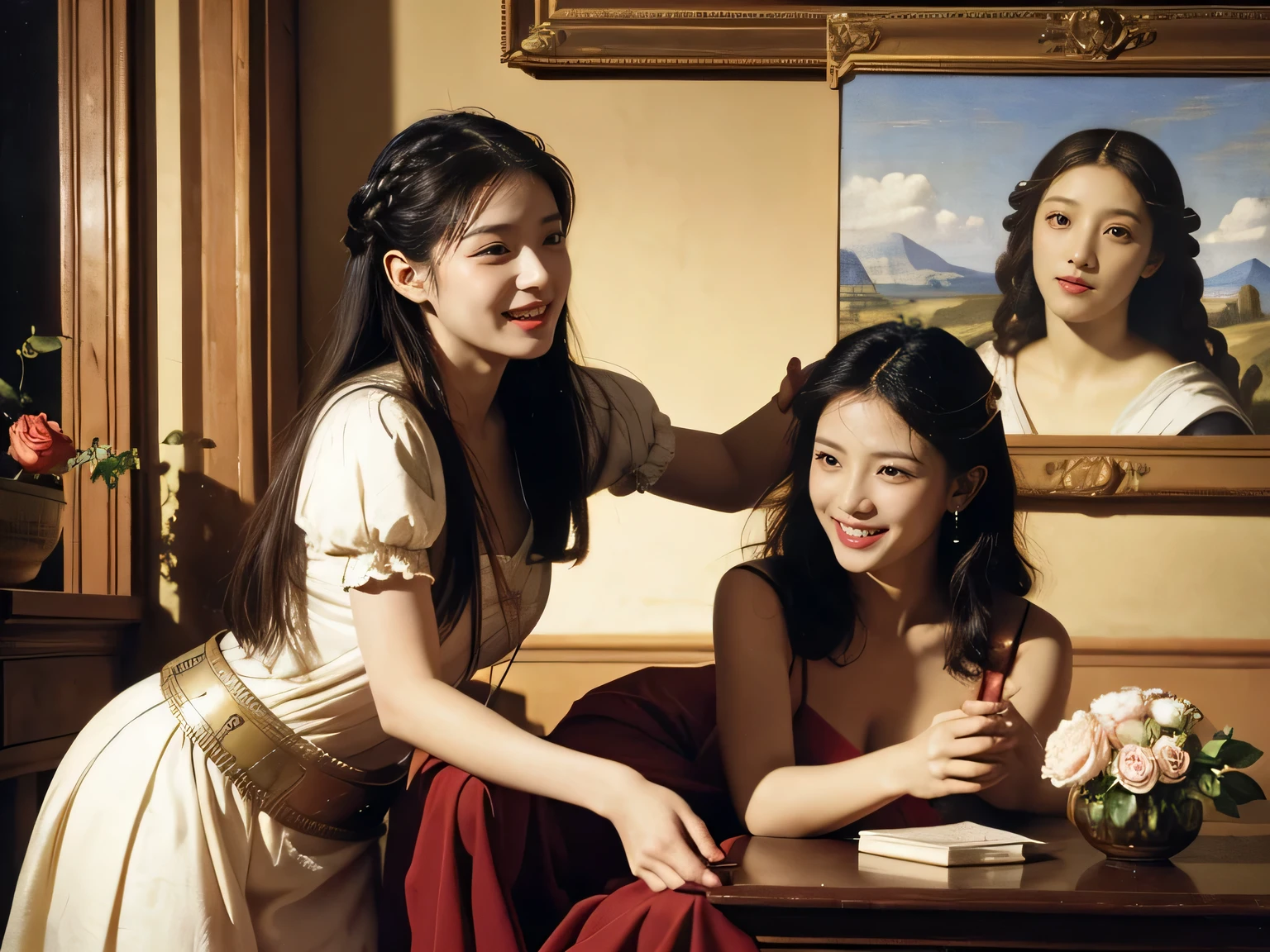 Giorgione painting style,Arguments of two female Philosophe,math、astronomical machine、astronaut、roses in vase、fruits、Cute trinkets、smile、ancient greek costume、Ancient Roman landscape in the style of Nicolas Poussin,laughter,,Sweet and seductive appearance.、Caravaggio's paintings、Chiaroscuro of Caravaggio、hair tousled by the wind,Two women frolicking,cute smile, expression of ecstasy,Sexy,erotic