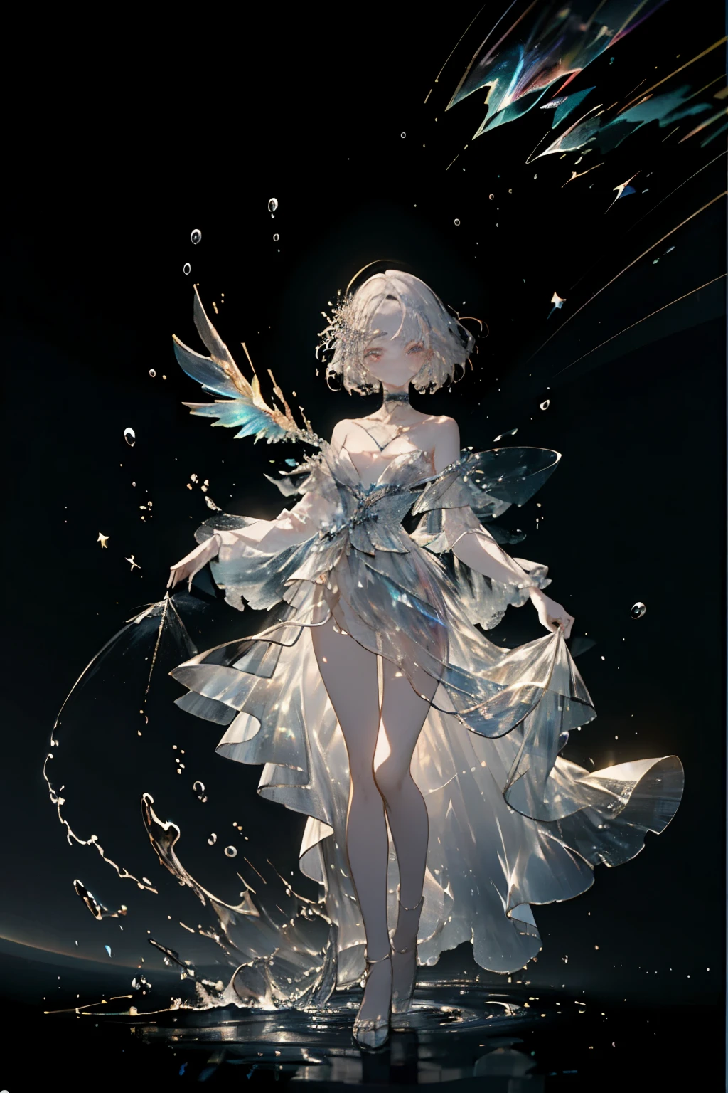 (ethereal, dreamlike), (white hair girl), (dancing in the space), (4k resolution, professional, masterpiece), (floating dress), (graceful movementasterpiece, top quality, best quality, official art, beautiful and aesthetic:1.3), (1girl:1.3), extreme detailed,(fractal art:1.3),colorful, photoRealstic, cosmic background, celestial glow, serene atmosphere, hypnotic, enchanting, otherworldly, seamless motion, high resolution, detailed textures, ethereal lighting, mesmerizing, EV-1.0,NSFW、barechested、14years、fullnude、art stations、4 k、awardwinning、being thin、Slender body、Smaller chest、Ribs、Live-action background、fullnude、fullnude、Luxurious hair ornaments、８Head and body、A slender、Very skinny、Luxury、skinny、Ribs、discreet breasts、Smaller chest, beauty legs、Constricted waist、dented belly、Beautiful hair、Condescending look、Whole body frame-in from head to toe、summer、dog collar、a choker、Yui Arakaki