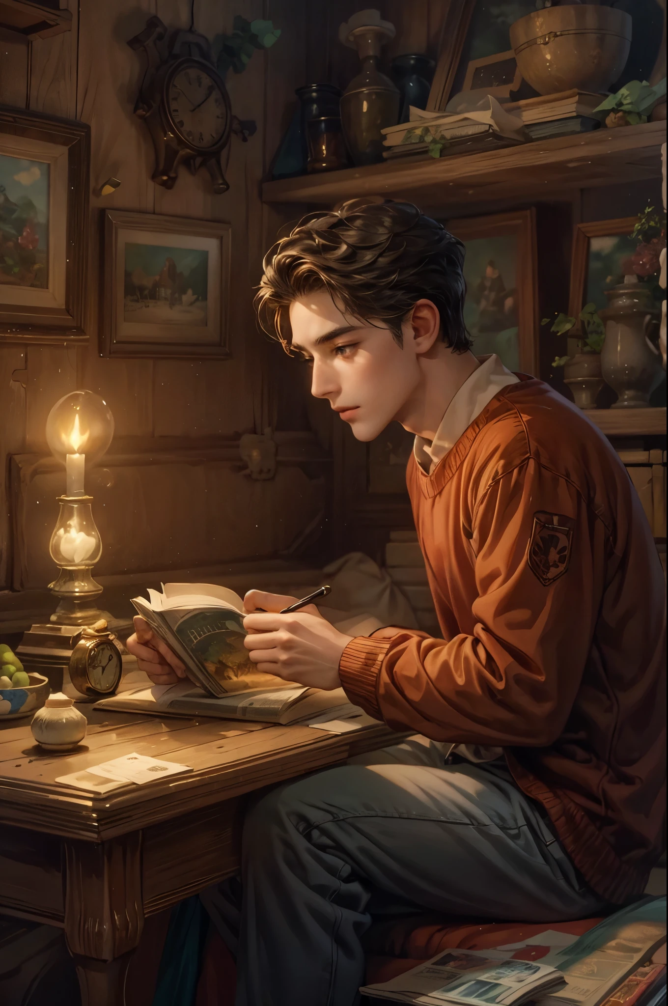 ((Best quality)), ((masterpiece)), (detailed), ((perfect face)), ((halfbody)) handsome young artist, engaging in various activities within his cozy home nestled in a serene forest. Capture moments of his daily life, such as painting, reading, playing a musical instrument, or enjoying a cup of tea, as he explores his creativity and self-discovery, all while surrounded by the warmth and comfort of his sanctuary