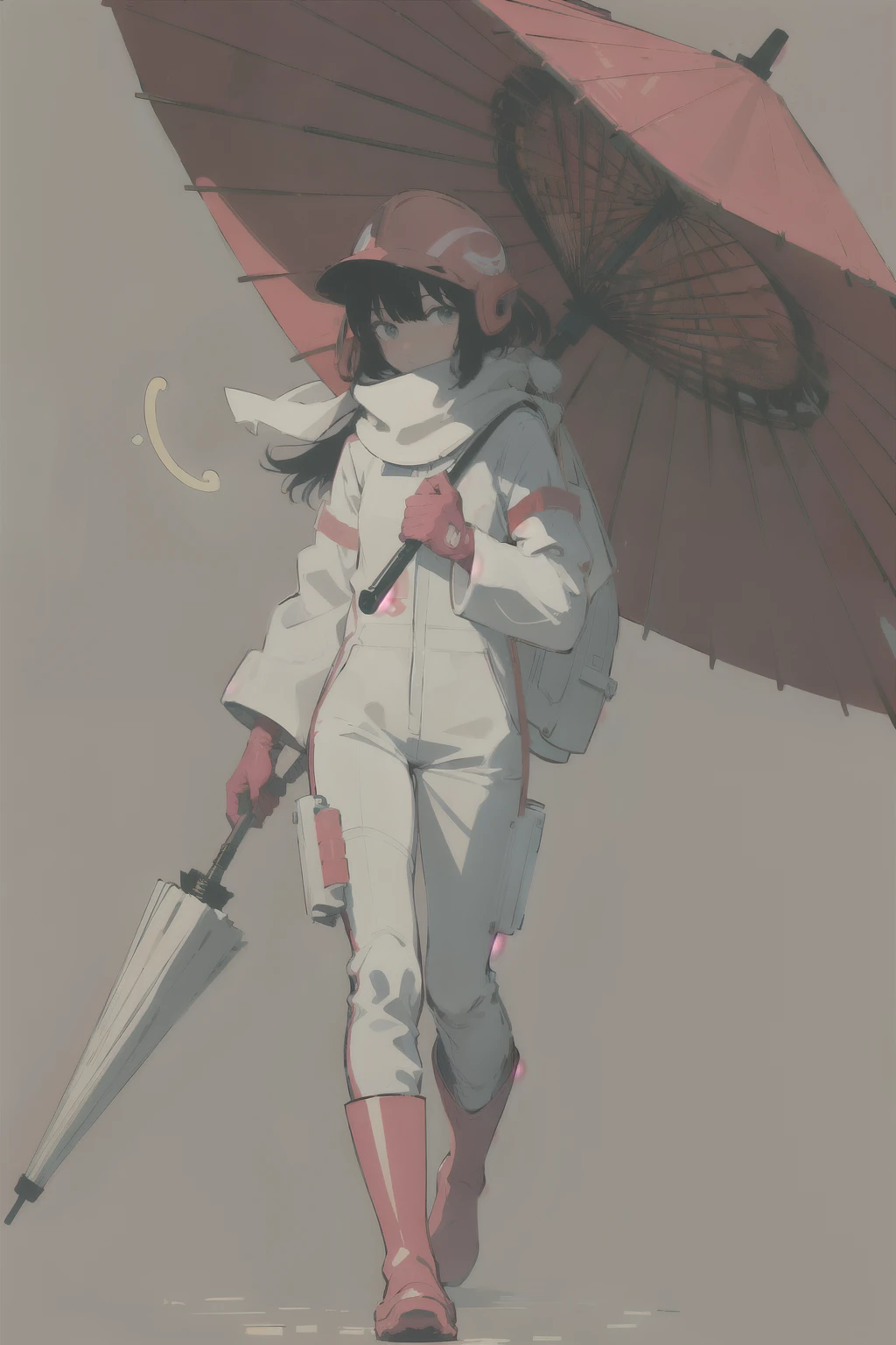 (ultra detailed,ultra high res,detailed background),((2D)),((flat color)),((muted color)),((floating neon)),1solo,looking at viewer, graffiti, white hazmat suit, (big red rain boots), plush scarf, full body image, european umbrella, helmet, big red gloves