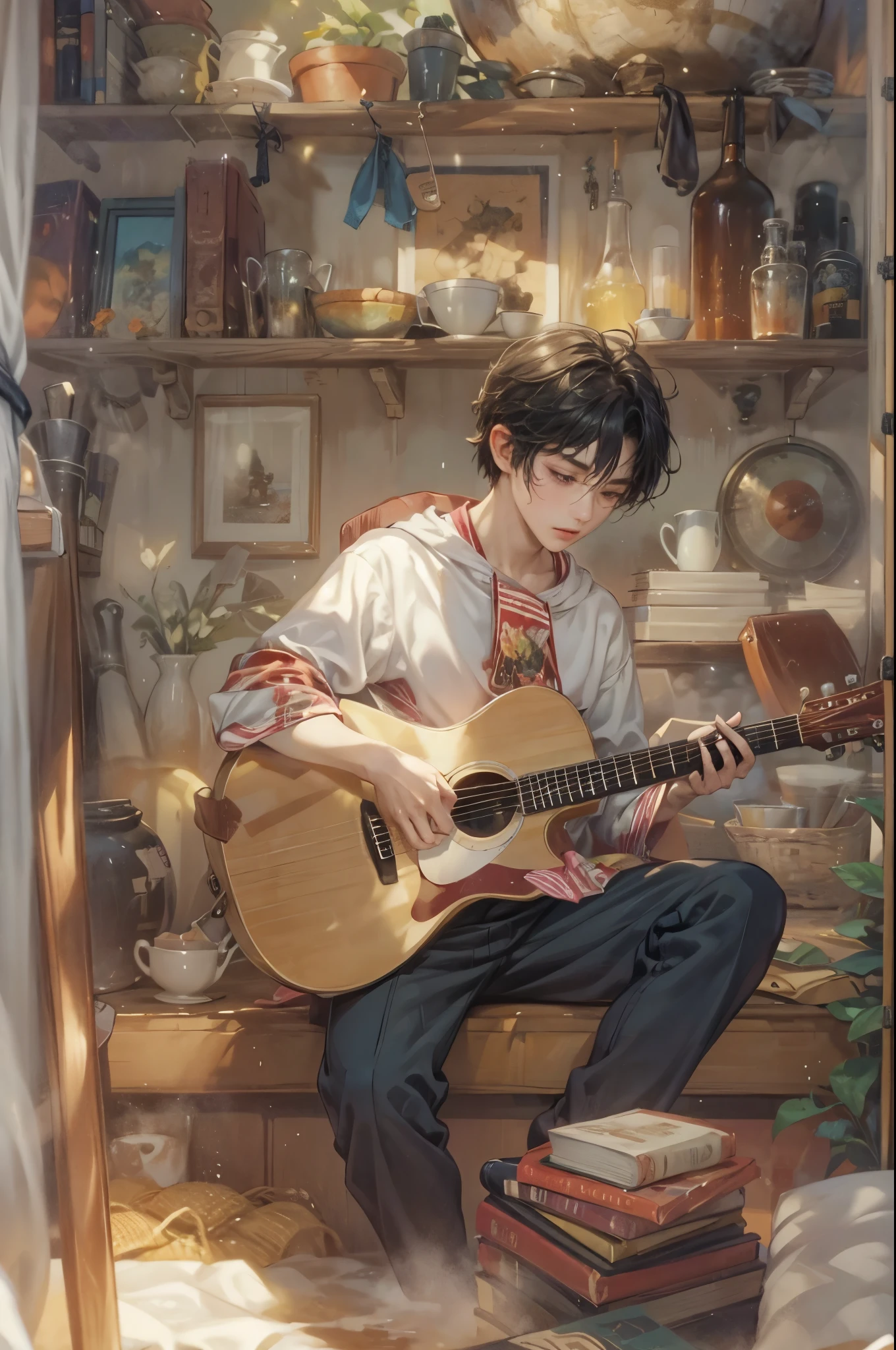 ((Best quality)), ((masterpiece)), (detailed), ((perfect face)), ((halfbody)) handsome young artist, engaging in various activities within his cozy home nestled in a serene forest. Capture moments of his daily life, such as painting, reading, playing a musical instrument, or enjoying a cup of tea, as he explores his creativity and self-discovery, all while surrounded by the warmth and comfort of his sanctuary