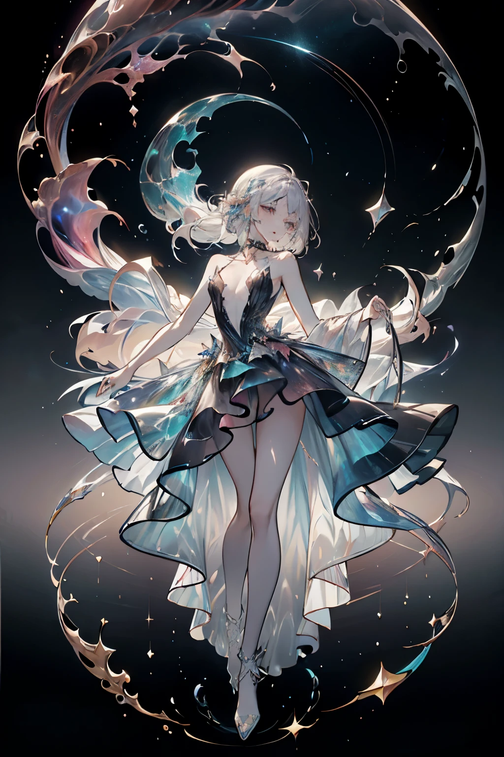 (ethereal, dreamlike), (white hair girl), (dancing in the space), (floating dress), (graceful movementasterpiece, top quality, best quality, official art, beautiful and aesthetic:1.3), (1girl:1.3), extreme detailed,(fractal art:1.3),colorful, photoRealstic, cosmic background, celestial glow, serene atmosphere, hypnotic, enchanting, otherworldly, seamless motion, high resolution, detailed textures, ethereal lighting, mesmerizing, EV-1.0,NSFW、barechested、14years、fullnude、art stations、4 k、awardwinning、being thin、Slender body、Smaller chest、Ribs、Live-action background、fullnude、fullnude、Luxurious hair ornaments、８Head and body、A slender、Very skinny、Luxury、skinny、Ribs、discreet breasts、Smaller chest、、beauty legs、Constricted waist、dented belly、Beautiful hair、Condescending look、Whole body frame-in from head to toe、summer、dog collar、a choker、Yui Arakaki, a woman in a black dress is dancing with colorful paint, colorfull digital fantasy art, colorful fire, digital art fantasy, art of alessandro pautasso, colorful and dark, beautiful art uhd 4 k, fantasy art style, full color digital art, digital art style, digital art picture, stylized digital art, fantasy digital art, stunning art style