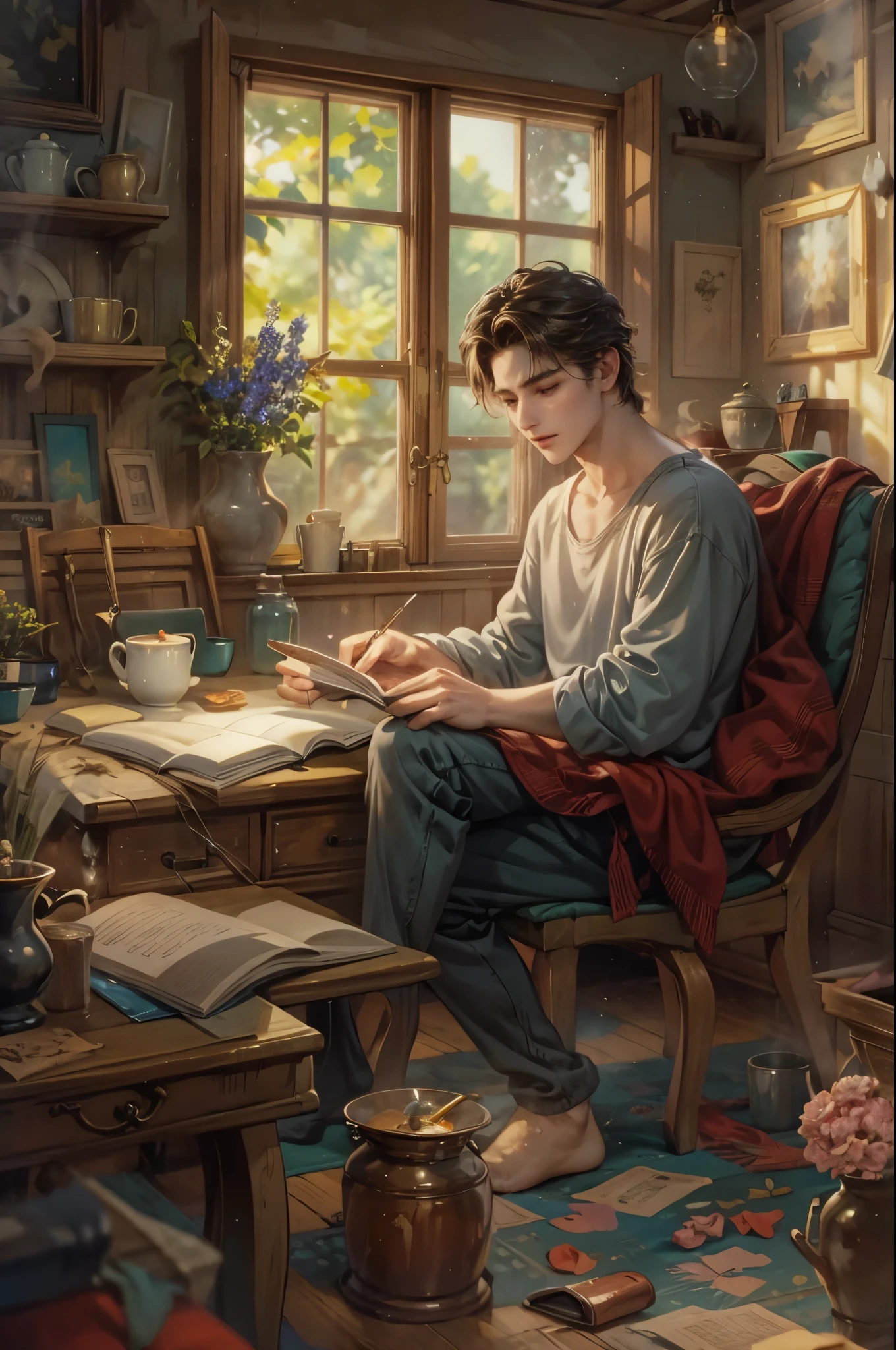 ((Best quality)), ((masterpiece)), (detailed), ((perfect face)), ((halfbody)) handsome young artist, engaging in various activities within his cozy home nestled in a serene forest. Capture moments of his daily life, such as painting, reading, playing a musical instrument, or enjoying a cup of tea, as he explores his creativity and self-discovery, all while surrounded by the warmth and comfort of his sanctuary