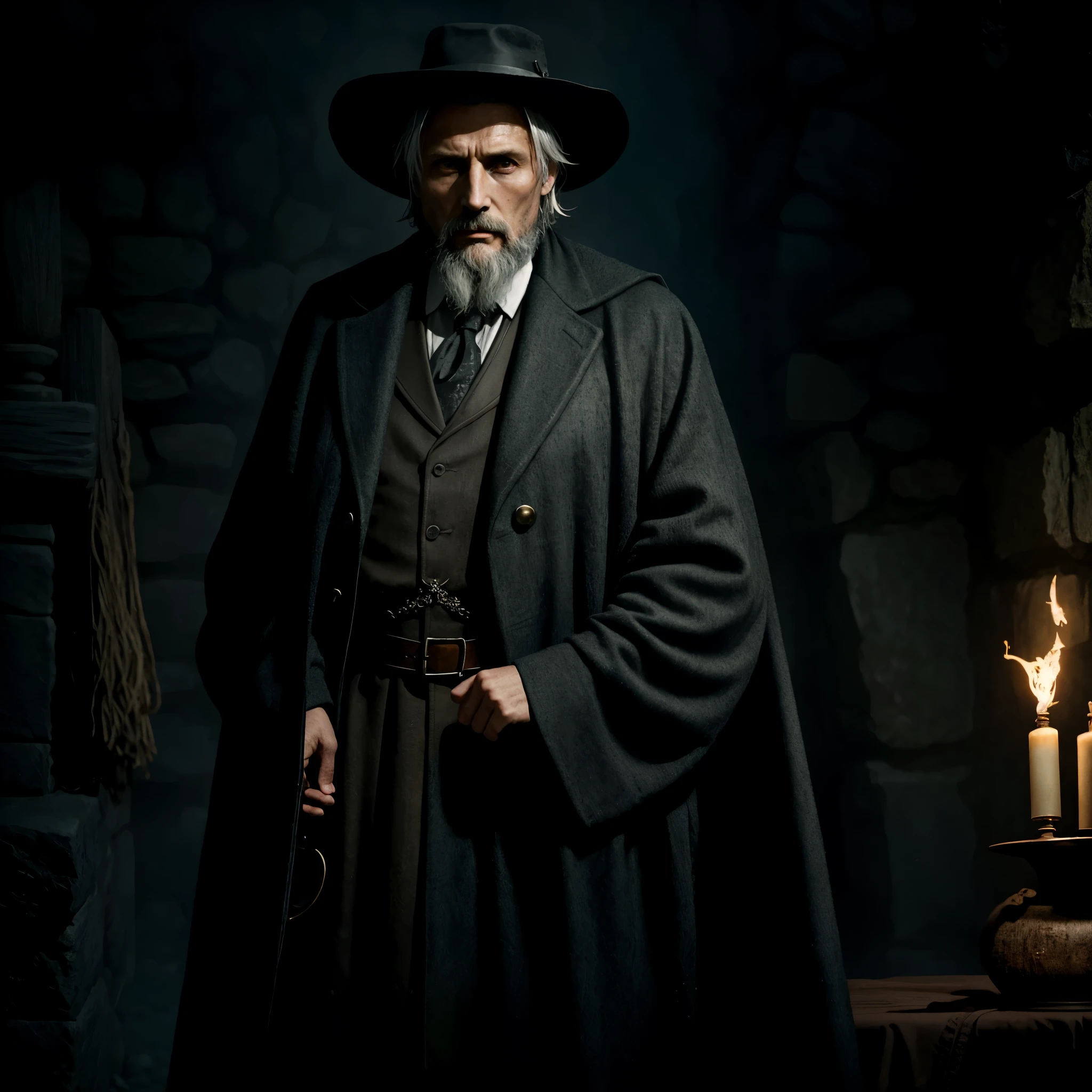 Behold the captivating image of an enigmatic character from an Otherworldly RPG, an elder man radiantly resembling Mads Mikkelsen with an aura of intimidation amplified, donning a weathered beard, an overcoat of the 1930s era, and a sinister black hat. The atmosphere surrounds him as he stands amidst a circle of cultists, their runic symbols illuminated by the flickering light of ancient torches, evoking an air of mystery and danger.
This masterpiece, graced with meticulous detail, highlights the old man's finely textured, wrinkled skin and piercing, dark