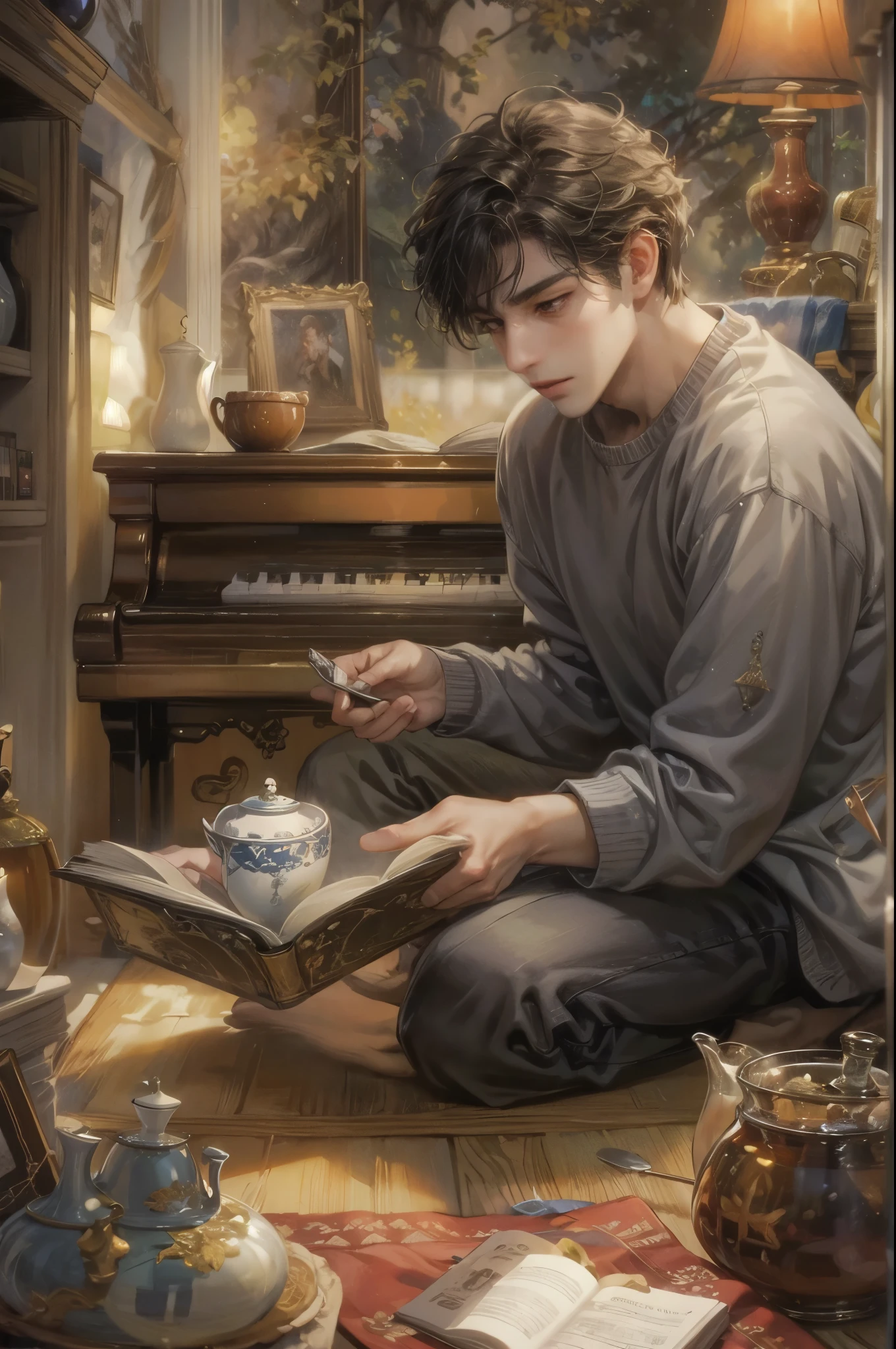 ((Best quality)), ((masterpiece)), (detailed), ((perfect face)), ((halfbody)) handsome young artist, engaging in various activities within his cozy home nestled in a serene forest. Capture moments of his daily life, such as painting, reading, playing a musical instrument, or enjoying a cup of tea, as he explores his creativity and self-discovery, all while surrounded by the warmth and comfort of his sanctuary