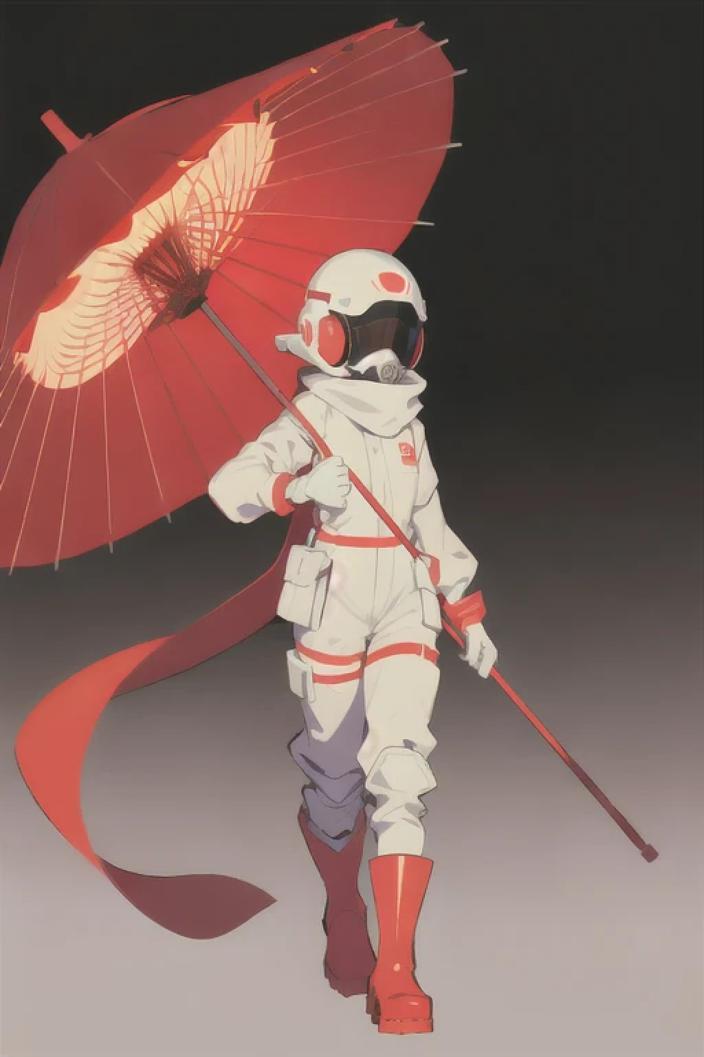 (ultra detailed,ultra high res,detailed background),((2D)),((flat color)),((muted color)),((floating neon)),1solo,looking at viewer, graffiti, white hazmat suit, (big red rain boots), plush scarf, full body image, european umbrella, skull helmet, big red gloves