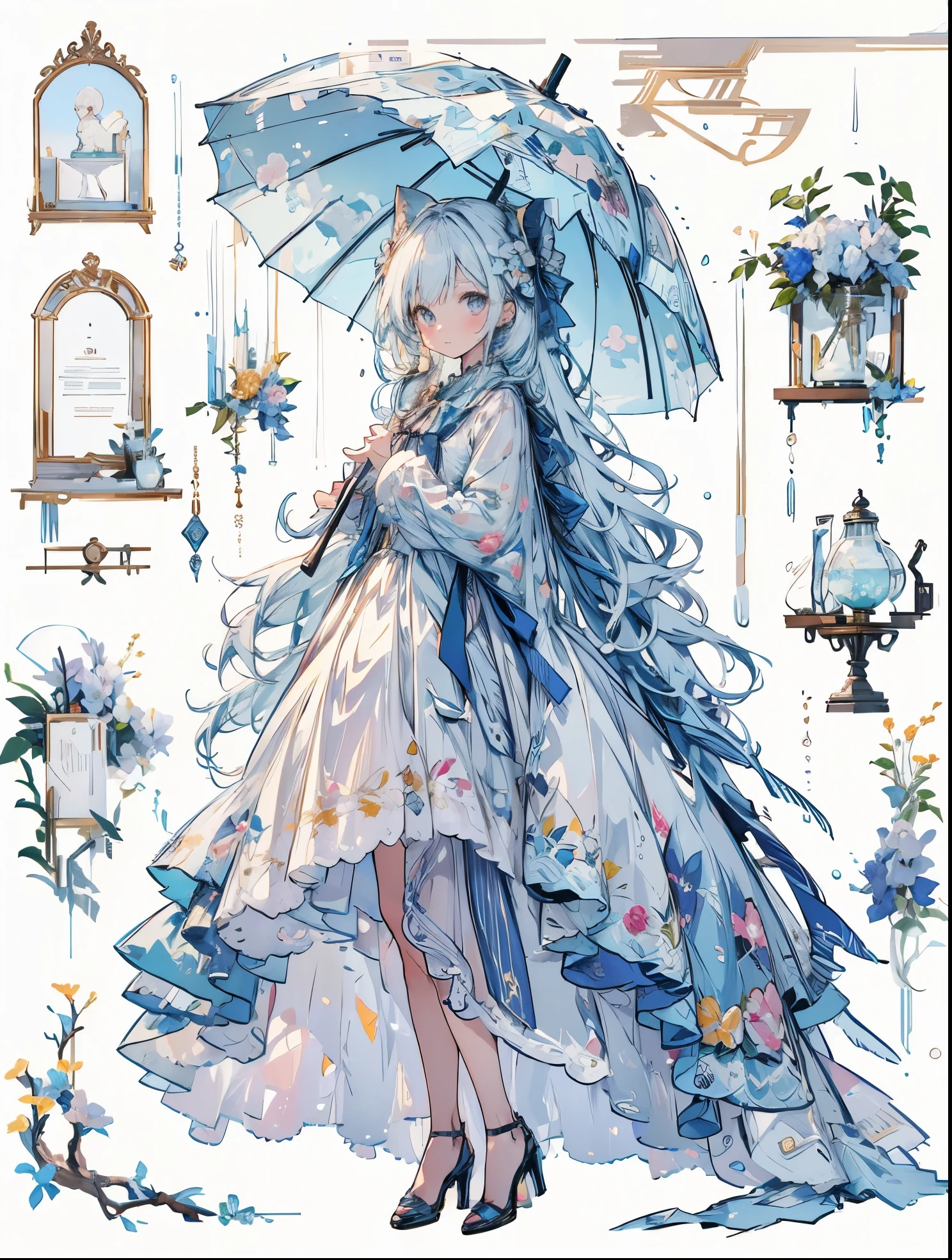 ((best quality high resolution)), a picture of a woman in an aeolian  blue dress holding an umbrella next to a box stuffed cat, 1girl, dress, umbrella, cat, long hair, holding, flower, solo, holding umbrella, high heels, white dress, long sleeves, full body, bow, looking at viewer