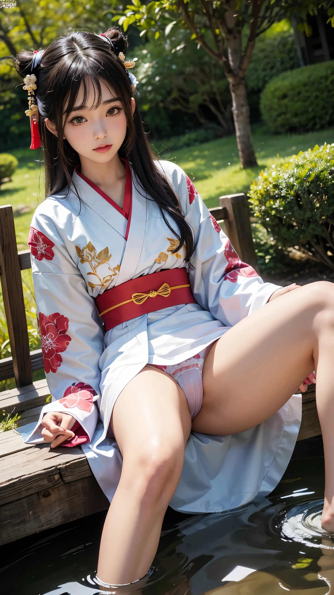 beautiful girl, young girl, pretty girl, thin girl, traditional Japanese clothing, traditional Japanese kimono, printed kimono, (sitting: 1.1), (legs open: 1.2), (spread her legs: 1.3), (showing panties: 1.3), ( white panties: 1.1), (cameltoe: 1.2), in a Japanese garden, feudal Japan, traditional Japanese garden, (cowboy shot), best quality, (masterpiece), ultra-realistic, ultra-detailed, 8k