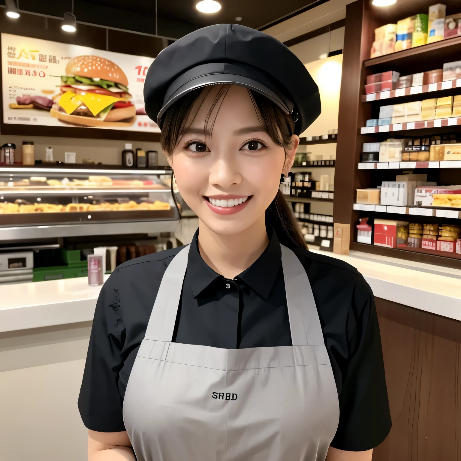 (table top、highest quality、8k、Award-winning work、ultra high resolution)、Beautiful hamburger shop clerk、(gray polyester shirt:1.1)、(classy black pants:1.1)、(the most accurate and perfect apron:1.1)、Black cap、(big breasts:1.1)、An elegant chignon、the biggest smile looking at me、smile showing your beautiful teeth、Most emphasize the body line、The most natural and perfect burger shop background、(Everything is perfectly organized and arranged in regular order.:1.1)、(Perfect authentic burger to whet your appetite:1.1)、(Perfect real fries to whet your appetite:1.1)、(Detailed burger with the most realistic texture:1.1)、(A large number of hamburgers arranged in an orderly manner:1.1)、Perfectly organized and most natural burger shop、blurred background、accurate anatomy、ultra high definition hair、ultra high resolutionの完璧な美しい歯、Ultra high definition beauty face、ultra high definition hair、Super high-definition sparkling eyes、輝くultra high resolutionの美肌、ultra high resolutionの艶やかな唇、elegant makeup