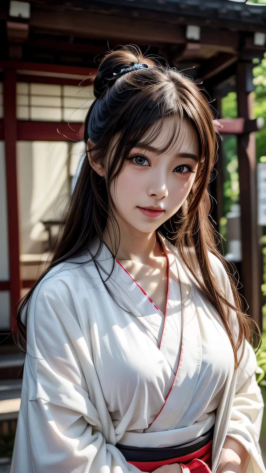 1 girl, bun hair, hair ornaments, mizuhiki, (shrine maiden), (Japanese style shrine maiden costume, white haori, redも:1.4), cinematic light, Sacred, shrine, redい鳥居,bun hairにhair ornamentsをつけた1人の女の子です。she has a water lead、shrineの巫女のような姿をしています。彼女の衣装は日本のshrine巫女の衣装であり、white haoriとredい装いを身にまとっています(red:1.4)。She's so cute、has a wonderful face and eyes。Her face is so detailed、Super realistic expression、eyes and hair、Detailed depiction of plump lips and other details.。There'her upper body is smiling。This photo is a RAW photo taken in the highest quality.、Realized by professional photography。cinematic lightが差し込み、Sacred雰囲気を醸し出しています。背景にはredい鳥居があり、shrineの雰囲気が漂っています。((full body photo))