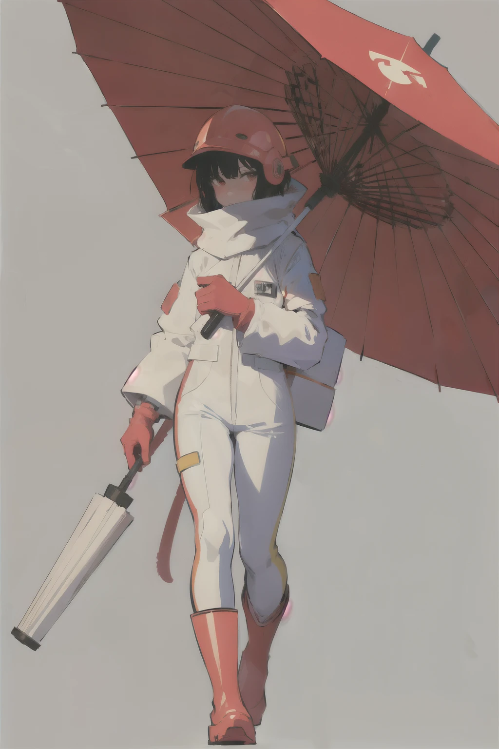 (ultra detailed,ultra high res,detailed background),((2D)),((flat color)),((muted color)),((floating neon)),1solo,looking at viewer, graffiti, white hazmat suit, (big red rain boots), plush scarf, full body image, european umbrella, skill helmet, big red gloves