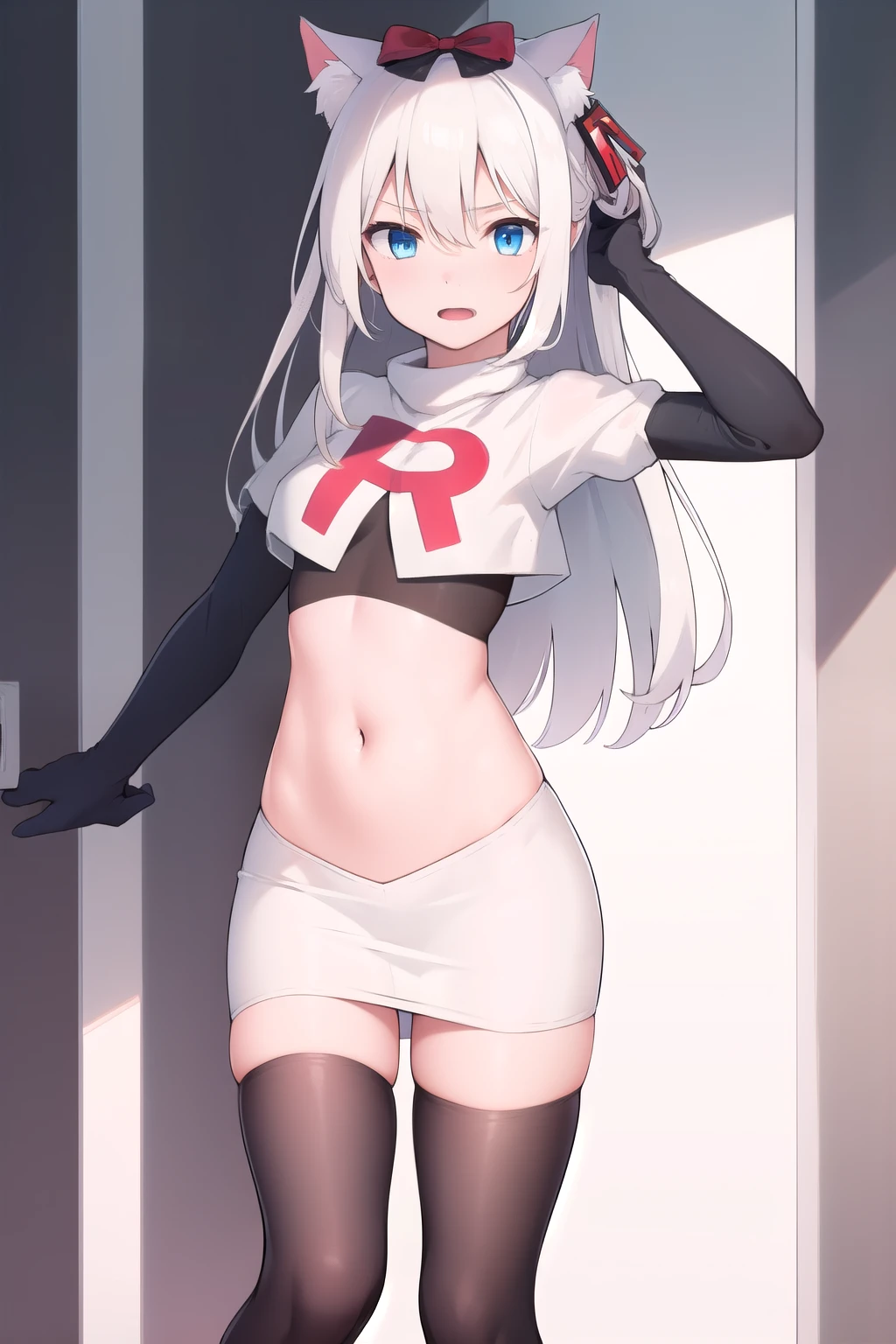 (masterpiece, best quality:1.2),illustration,8k,hd,1girl,solo,long_hair,animal_ears,cat_ears,blue_eyes,bow,bangs,hair_bow,white_hair,very_long_hair,ribbon,breasts,hair_ribbon,small_breasts,hair_ornament,hair_between_eyes,red_bow,team rocket,team rocket uniform,white skirt,red letter R,crop top,black thigh-highs,black elbow gloves