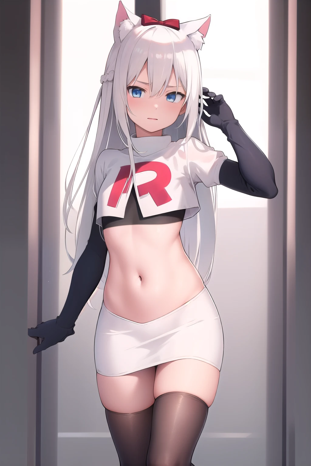 (masterpiece, best quality:1.2),illustration,8k,hd,1girl,solo,long_hair,animal_ears,cat_ears,blue_eyes,bow,bangs,hair_bow,white_hair,very_long_hair,ribbon,,hair_ribbon,small_breastsrnament,hair_between_eyes,red_bow,team rocket,team rocket uniform,white skirt,red letter R,crop top,black thigh-highs,black elbow gloves