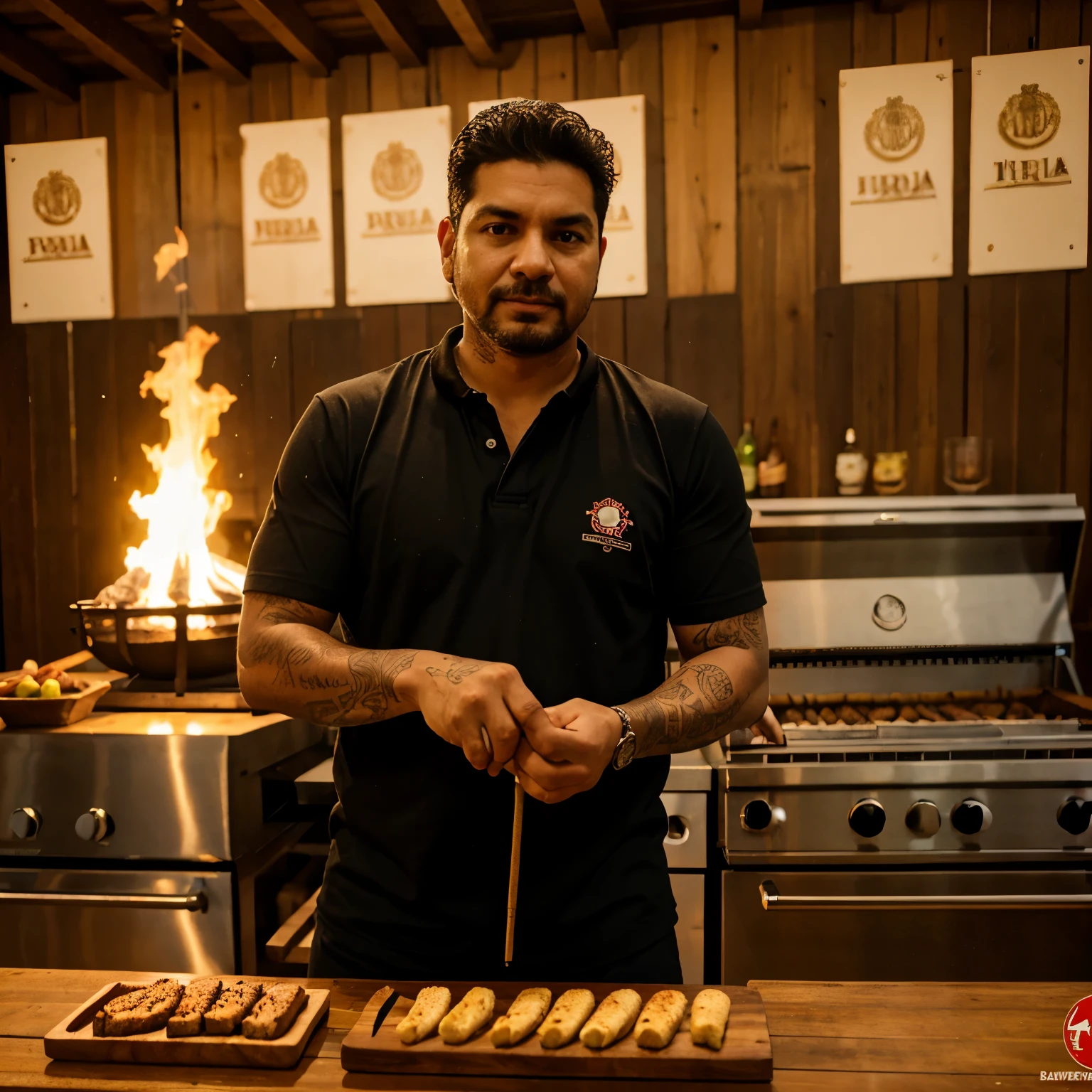 Logo brujo y sus brazas, parrilla, cilindro, caja china, cheff
