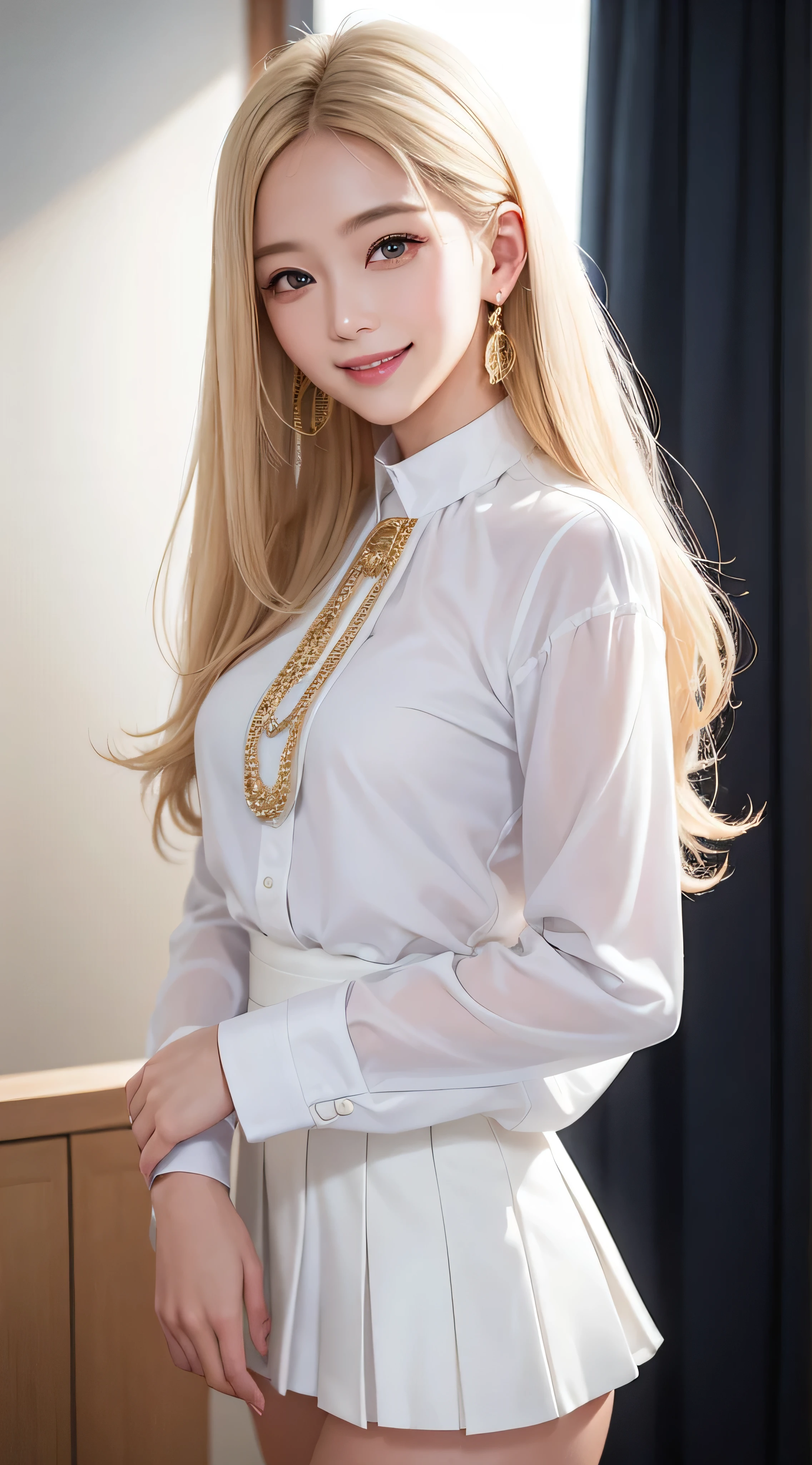 western women、Fashion Model、white blouse with collar、white skirt、silk blouse、white shirt&super mini skirt、white shirt with frills、Glamour、paparazzi shooting、gold necklace_Large earrings、super long blonde hair、loose wavy hair、hair above one eye、brown eyes、8K、High resolution、masterpiece、最High resolution、HD、very detailed、voluminous lighting、photorealistic、((shy smile:1.3))、
